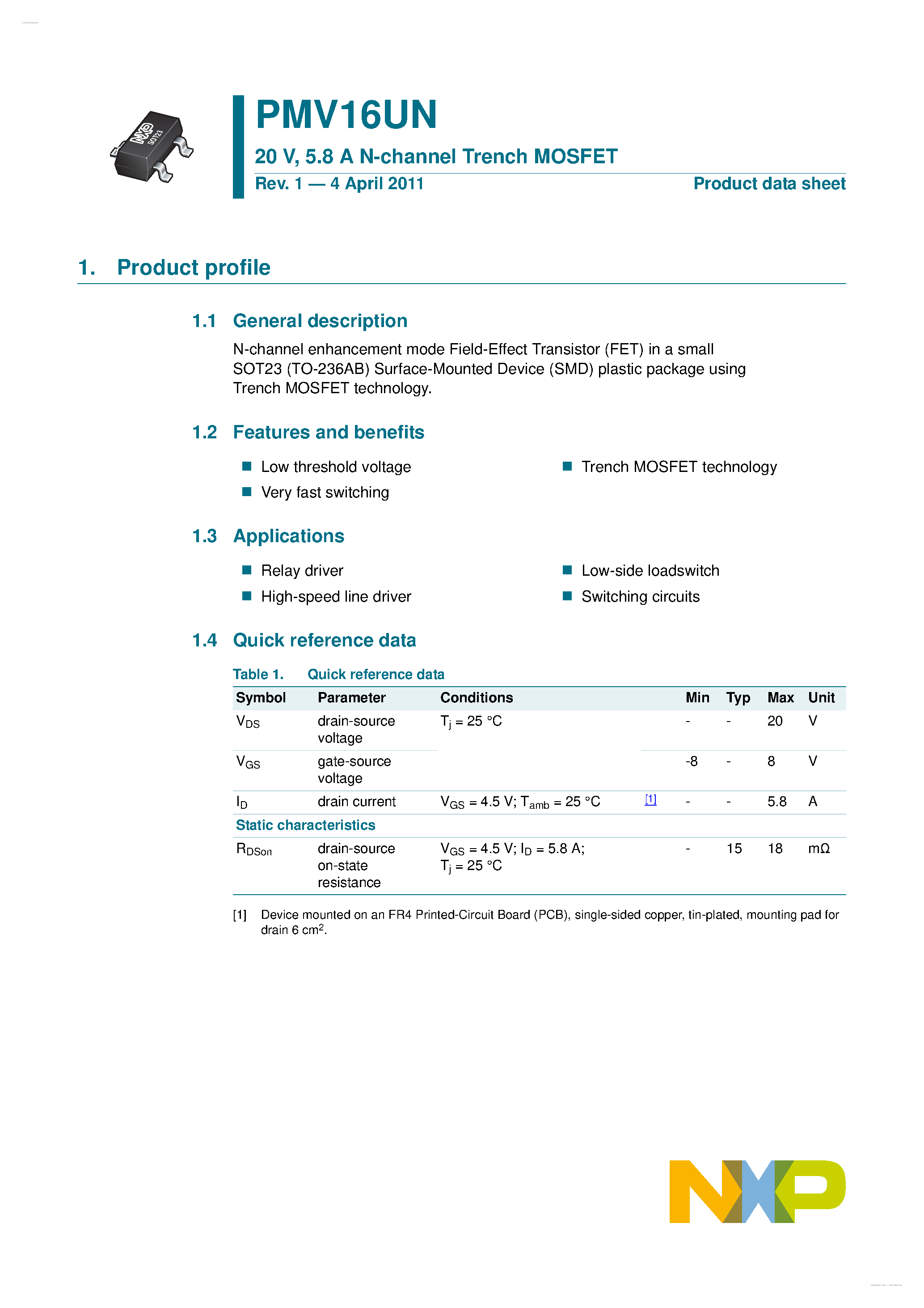 Datasheet PMV16UN - N-channel Trench MOSFET page 1
