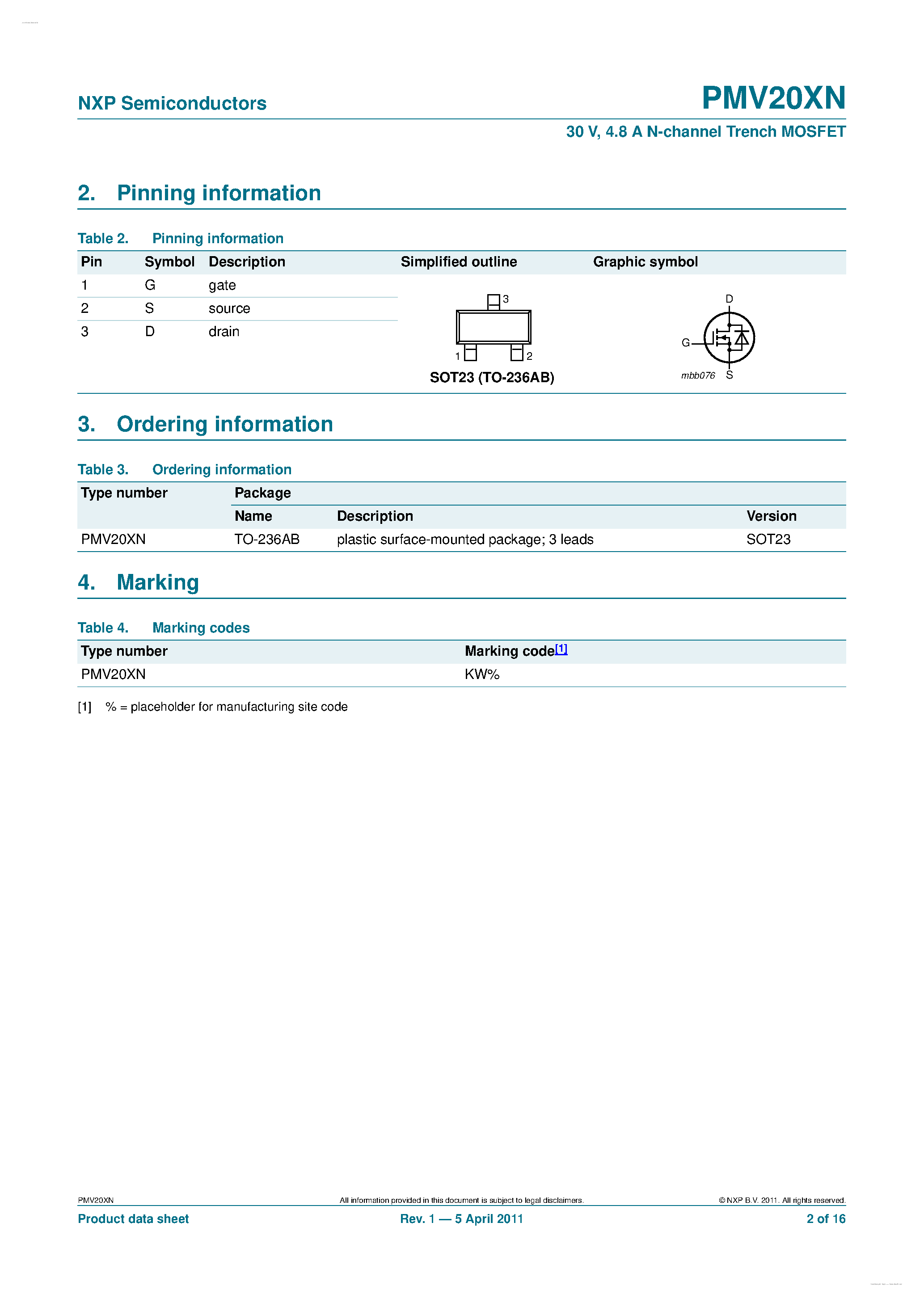 Datasheet PMV20XN - N-channel Trench MOSFET page 2