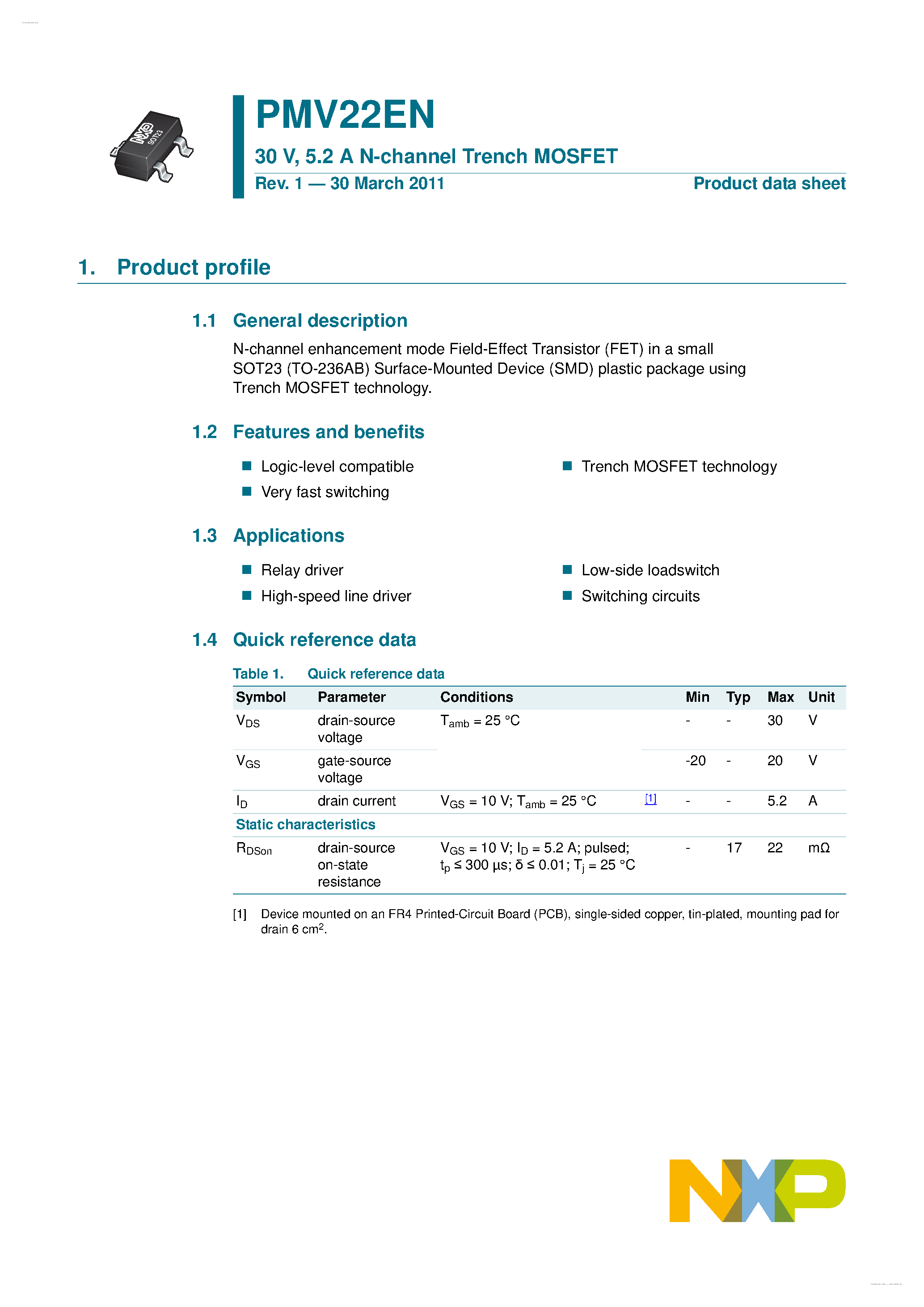 Datasheet PMV22EN - N-channel Trench MOSFET page 1
