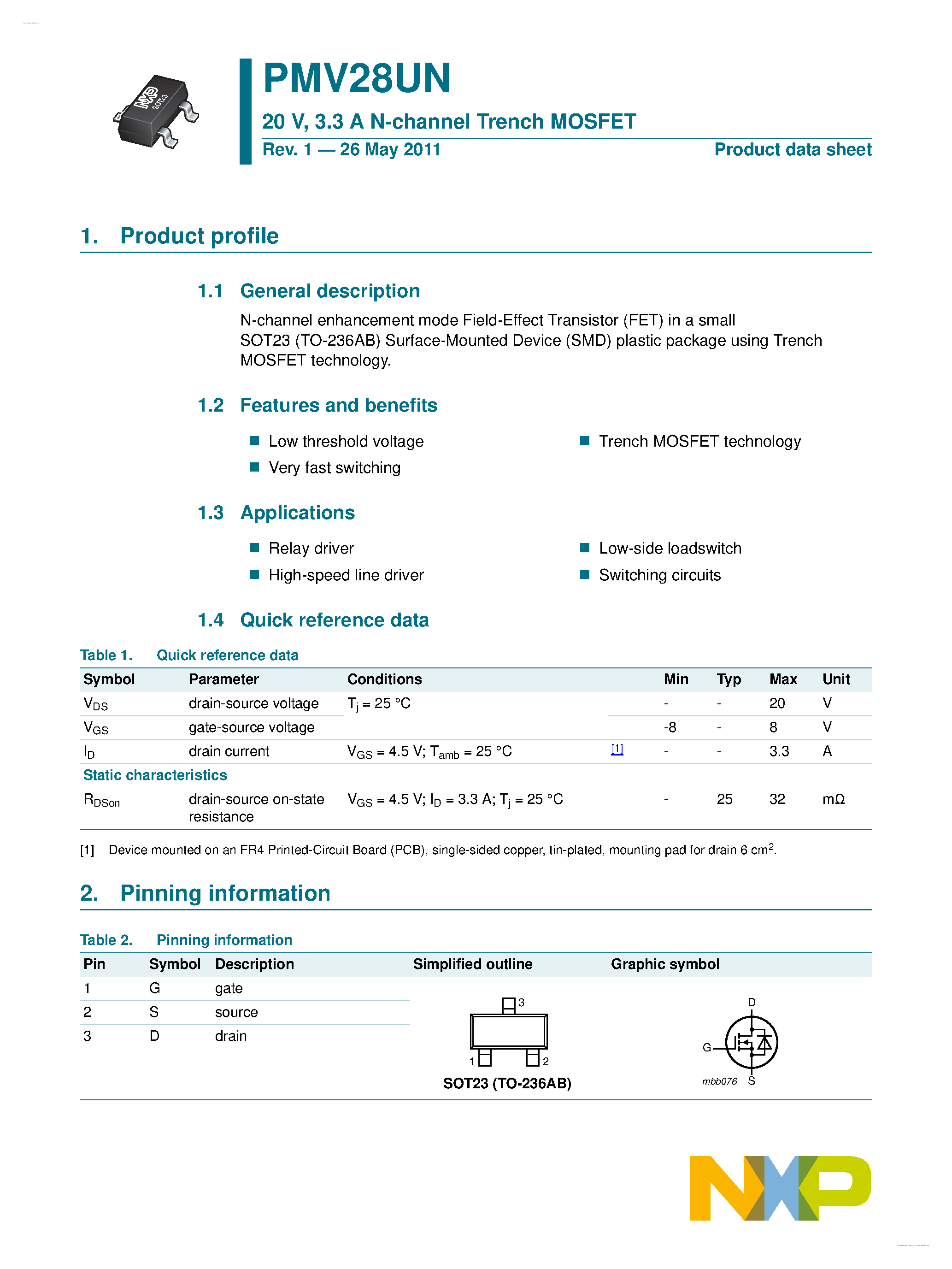 Datasheet PMV28UN - N-channel Trench MOSFET page 1