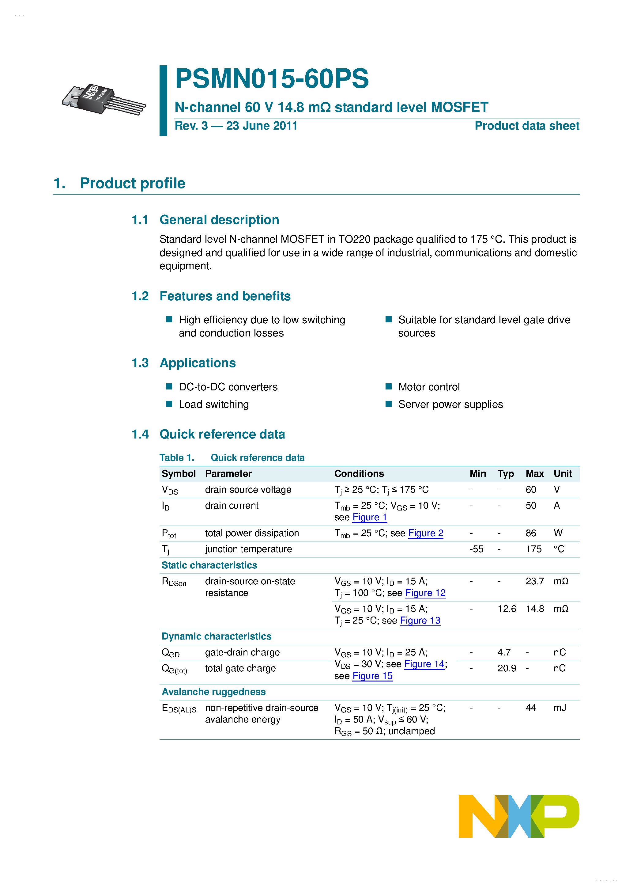 Datasheet PSMN015-60PS - N-channel standard level MOSFET page 1