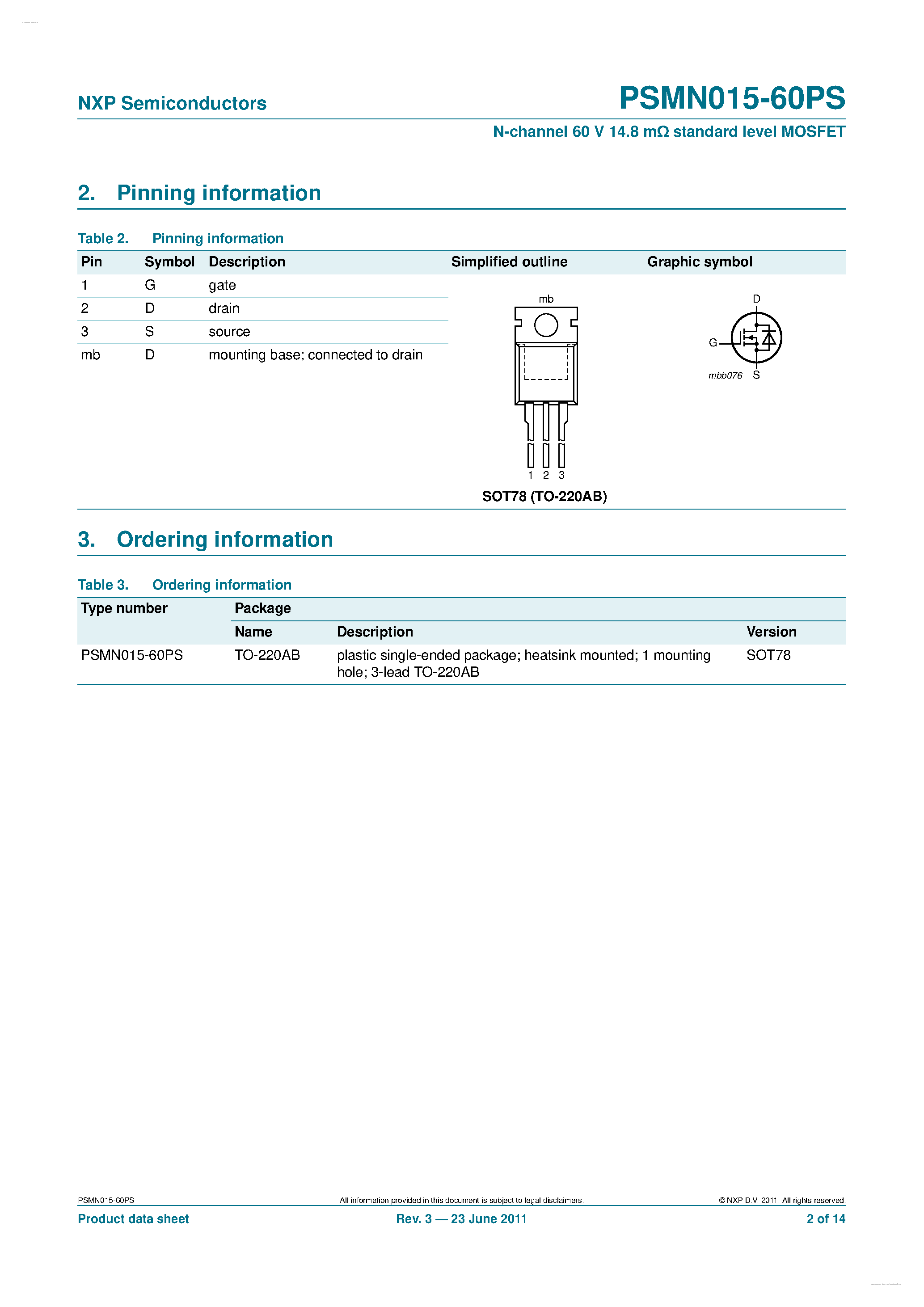 Datasheet PSMN015-60PS - N-channel standard level MOSFET page 2