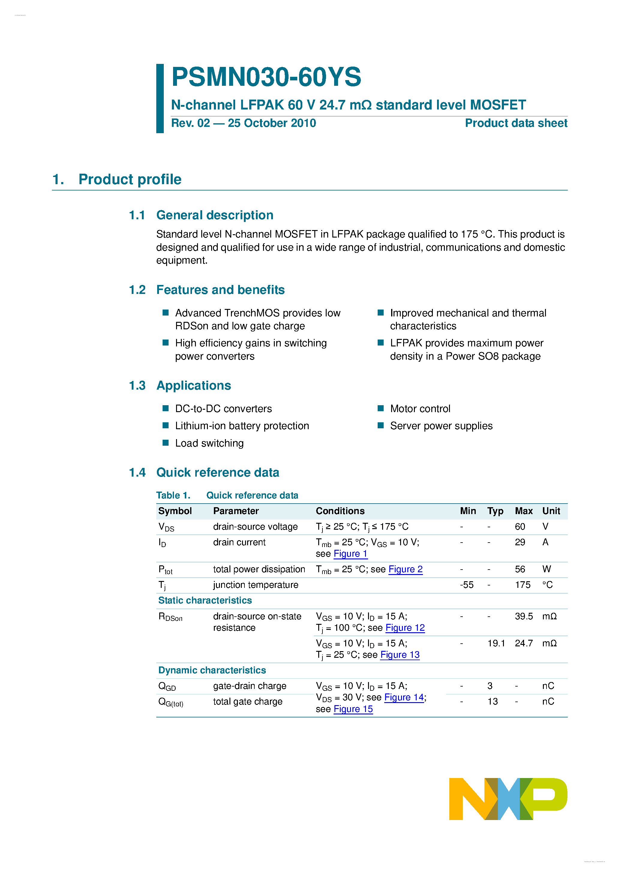 Datasheet PSMN030-60YS - N-channel LFPAK standard level MOSFET page 1