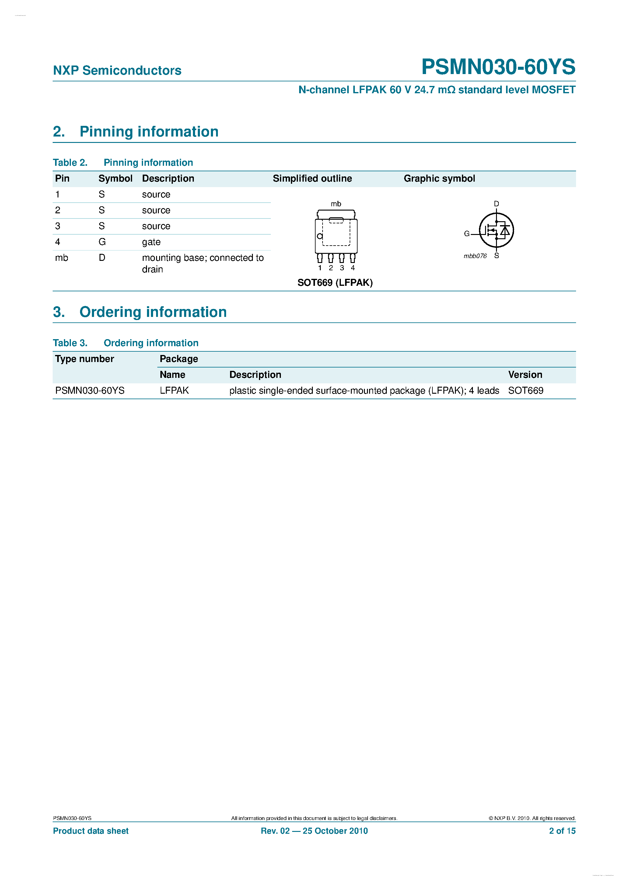 Datasheet PSMN030-60YS - N-channel LFPAK standard level MOSFET page 2