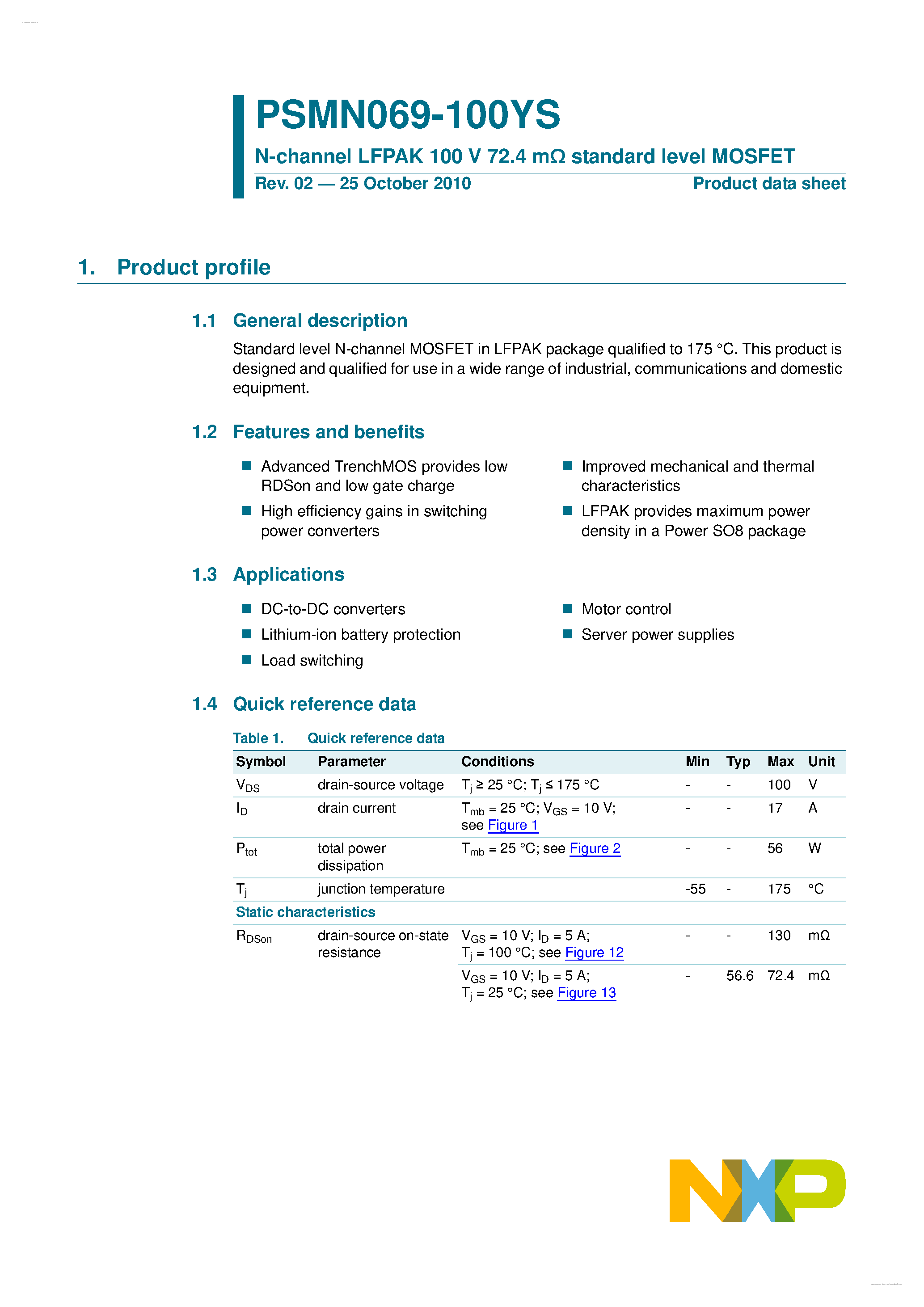Datasheet PSMN069-100YS page 1 Datasheet PSMN069-100YS - N-channel LFPAK standard level MOSFET page 1