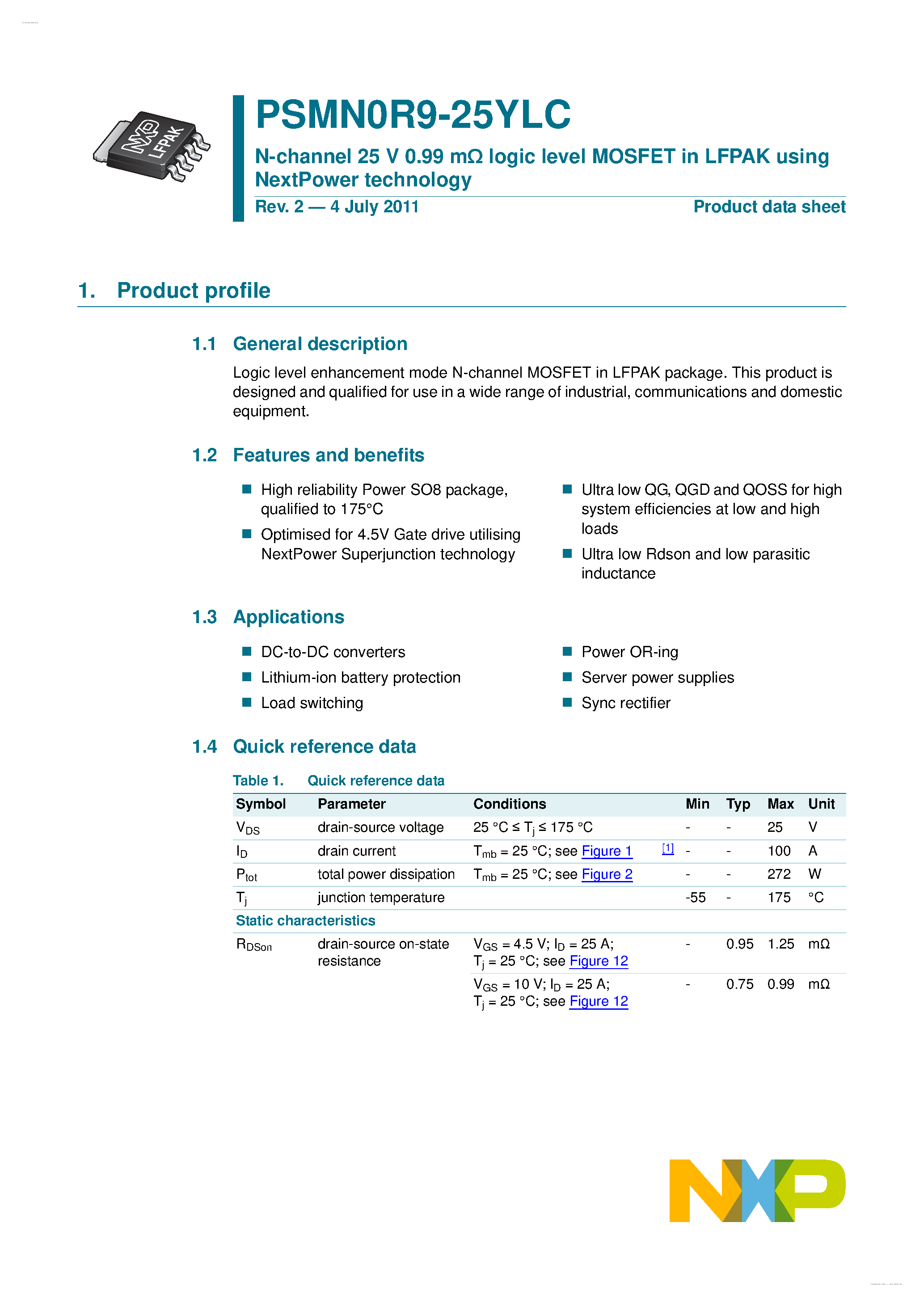 Datasheet PSMN0R9-25YLC - N-channel MOSFET page 1