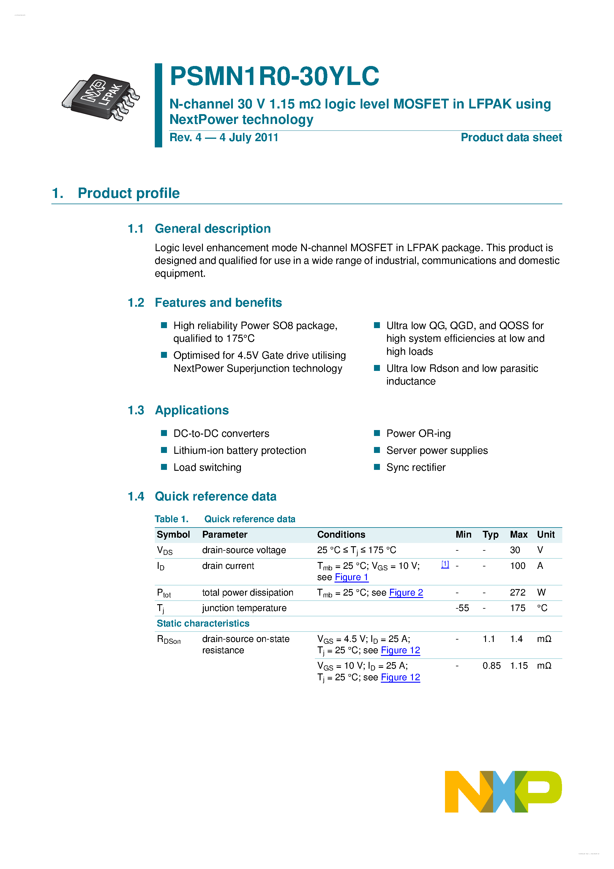 Даташит на микросхему PSMN1R0-30YLC страница 1 Даташит PSMN1R0-30YLC - N-channel MOSFET страница 1