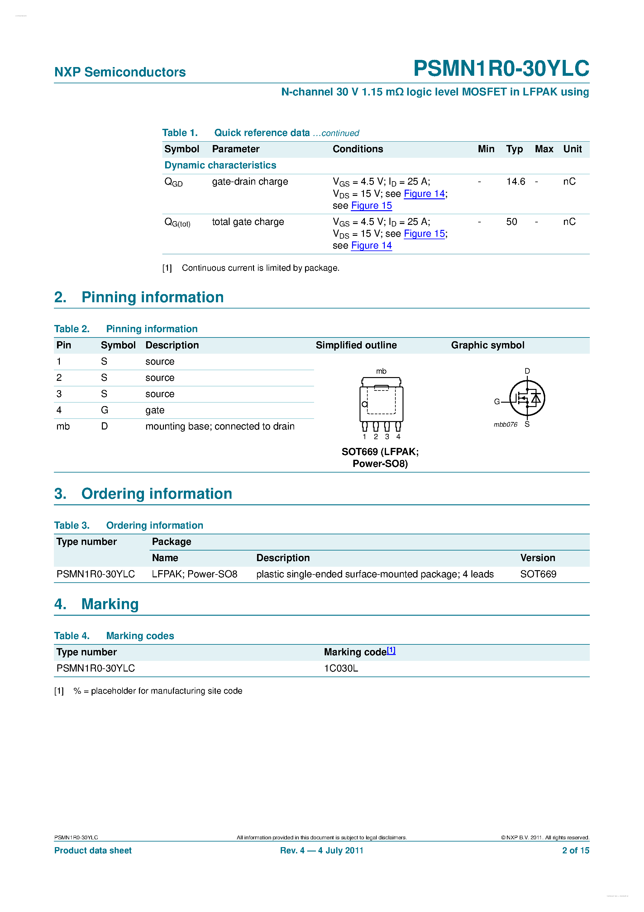 Даташит на микросхему PSMN1R0-30YLC страница 2 Даташит PSMN1R0-30YLC - N-channel MOSFET страница 2