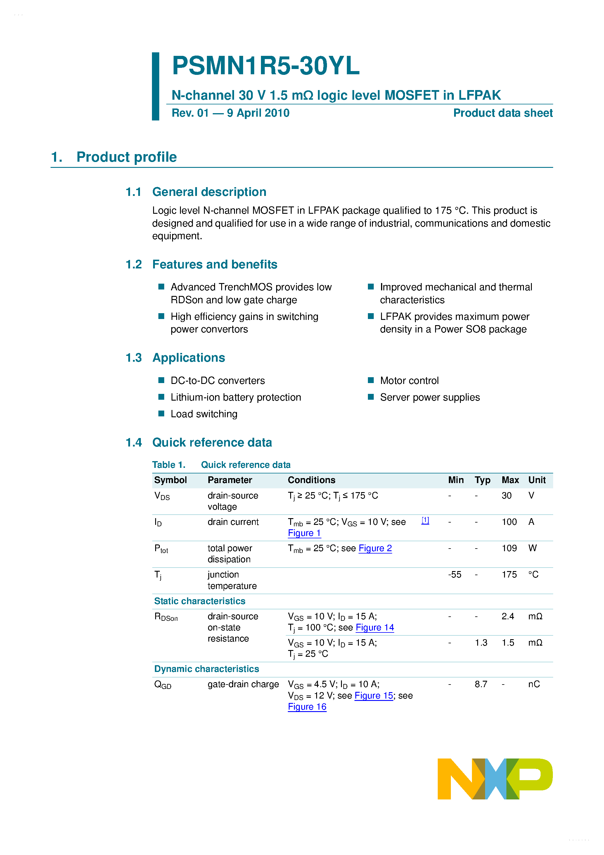 Datasheet PSMN1R5-30YL page 1 Datasheet PSMN1R5-30YL - N-channel MOSFET page 1