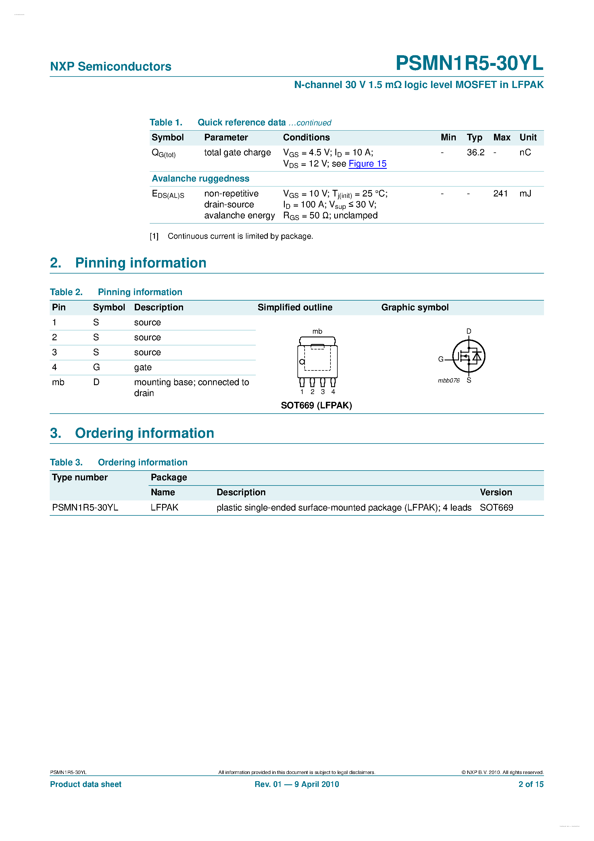 Datasheet PSMN1R5-30YL page 2 Datasheet PSMN1R5-30YL - N-channel MOSFET page 2