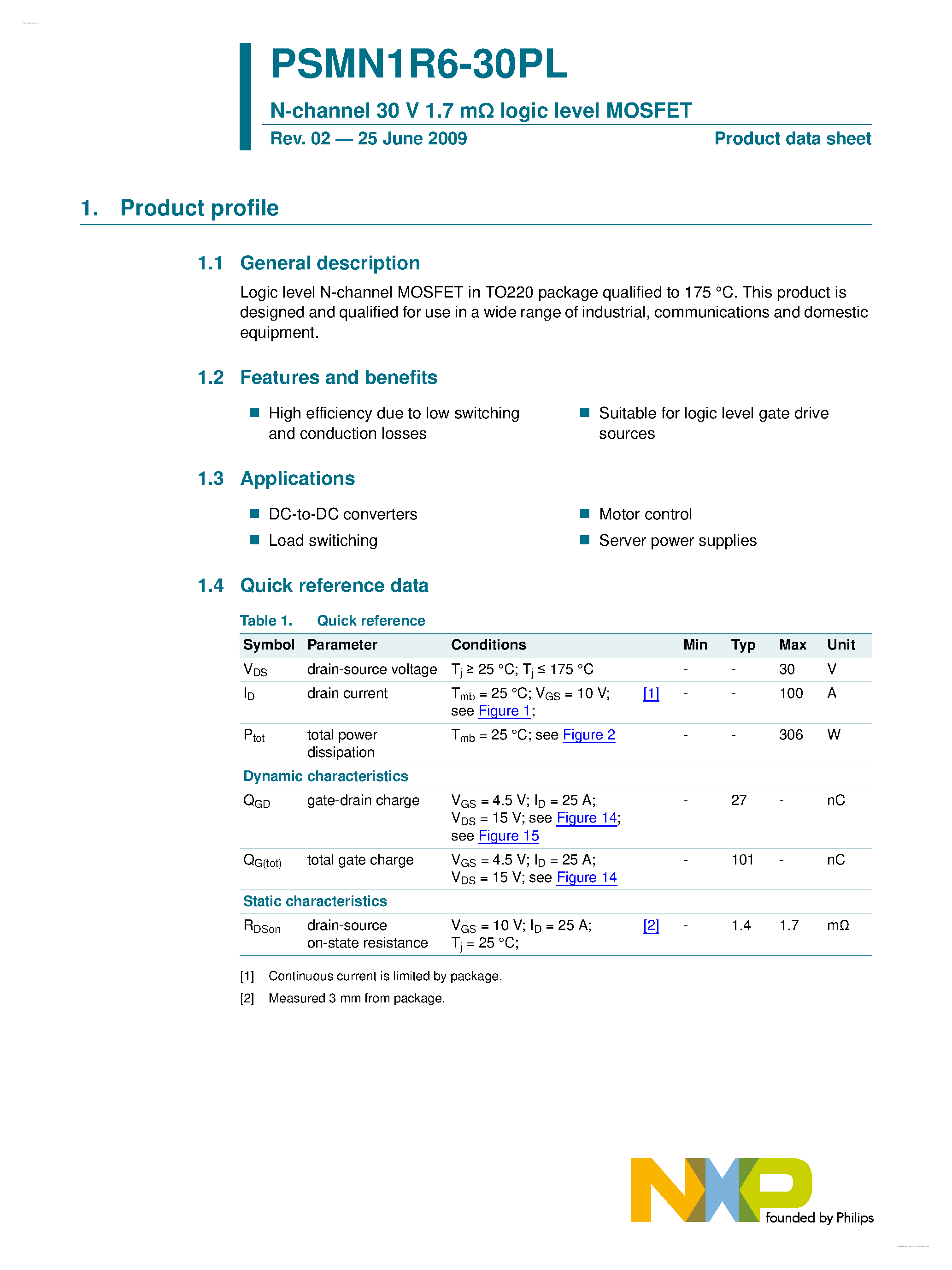 Datasheet PSMN1R6-30PL page 1 Datasheet PSMN1R6-30PL - N-channel MOSFET page 1