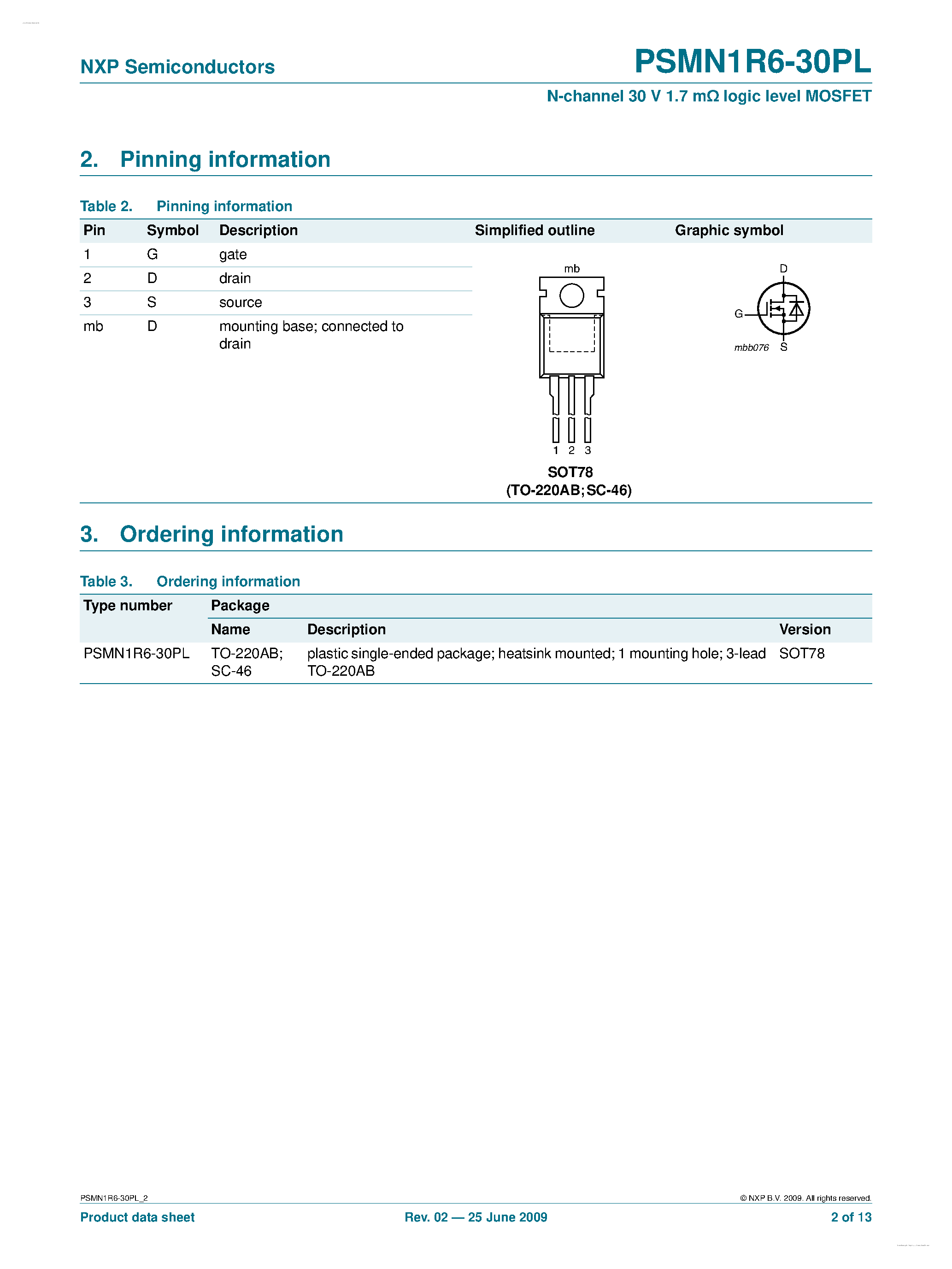 Datasheet PSMN1R6-30PL page 2 Datasheet PSMN1R6-30PL - N-channel MOSFET page 2