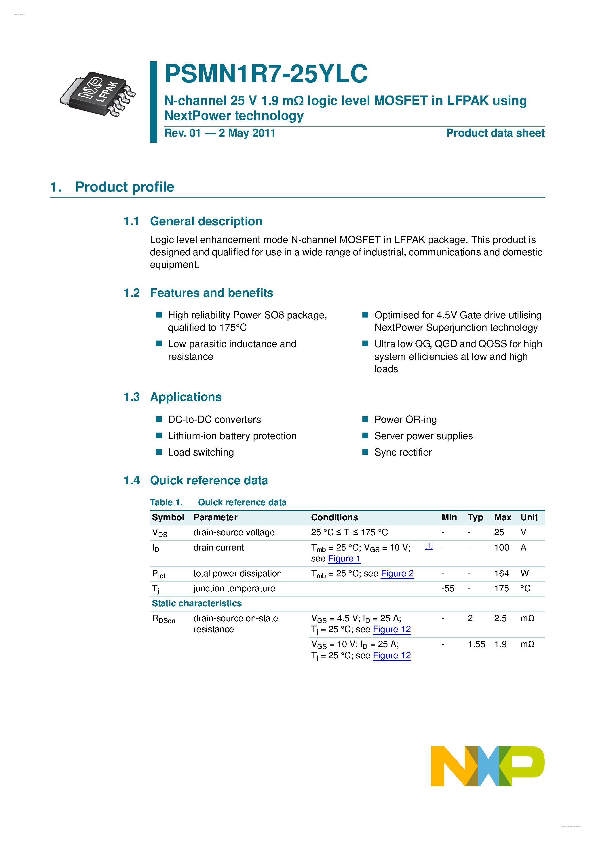 Datasheet PSMN1R7-25YLC - N-channel MOSFET page 1