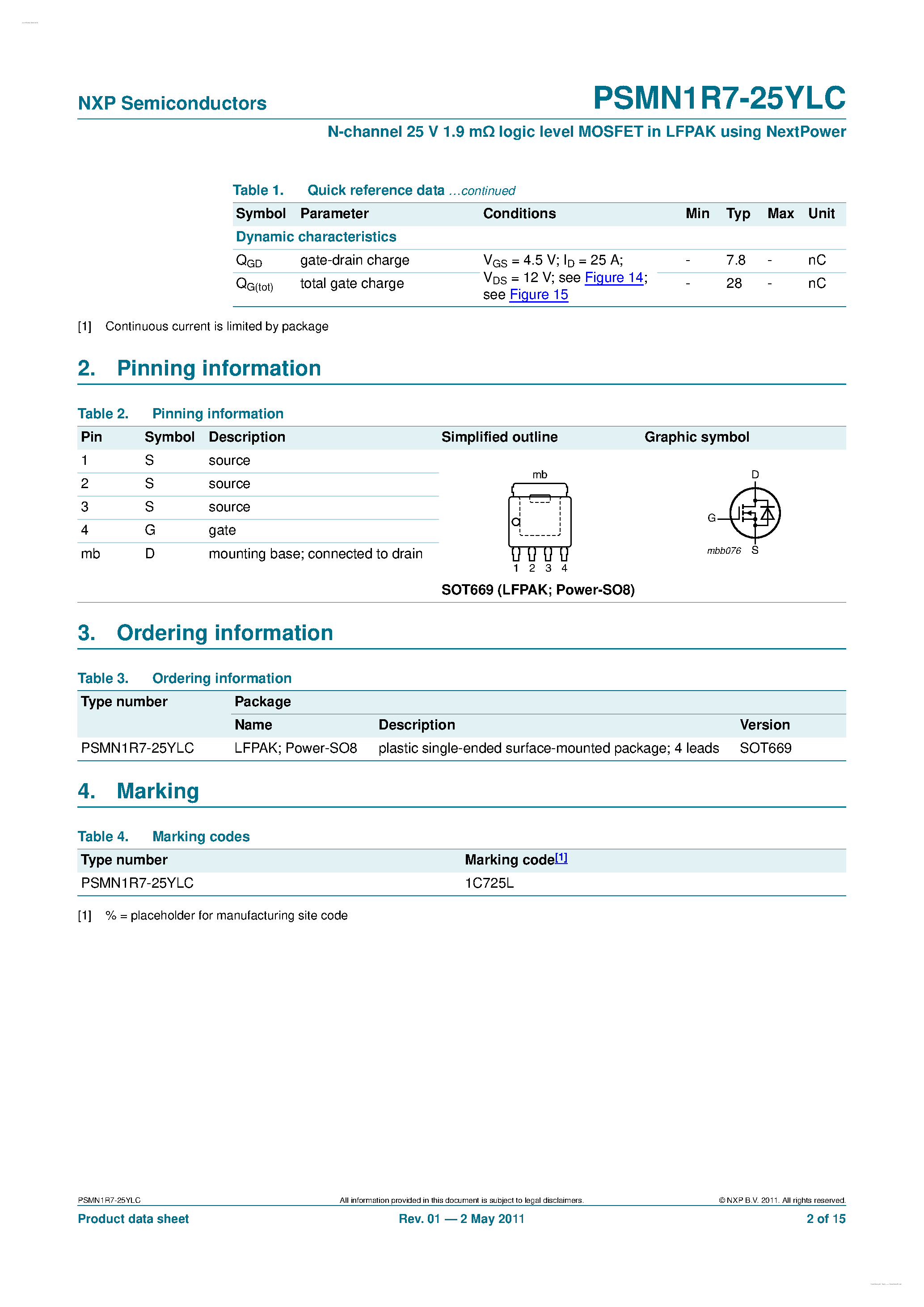 Datasheet PSMN1R7-25YLC - N-channel MOSFET page 2