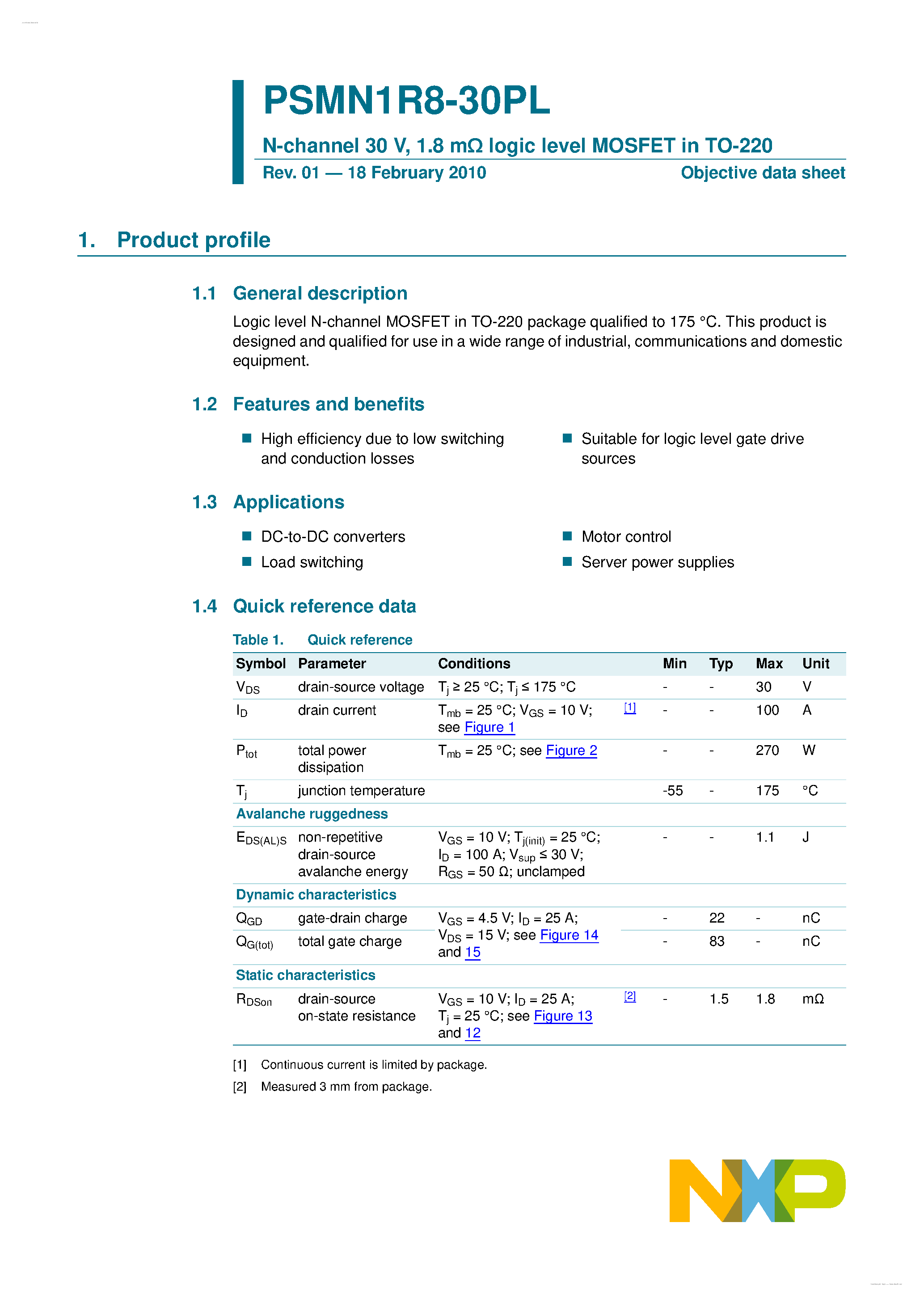 Datasheet PSMN1R8-30PL - N-channel MOSFET page 1