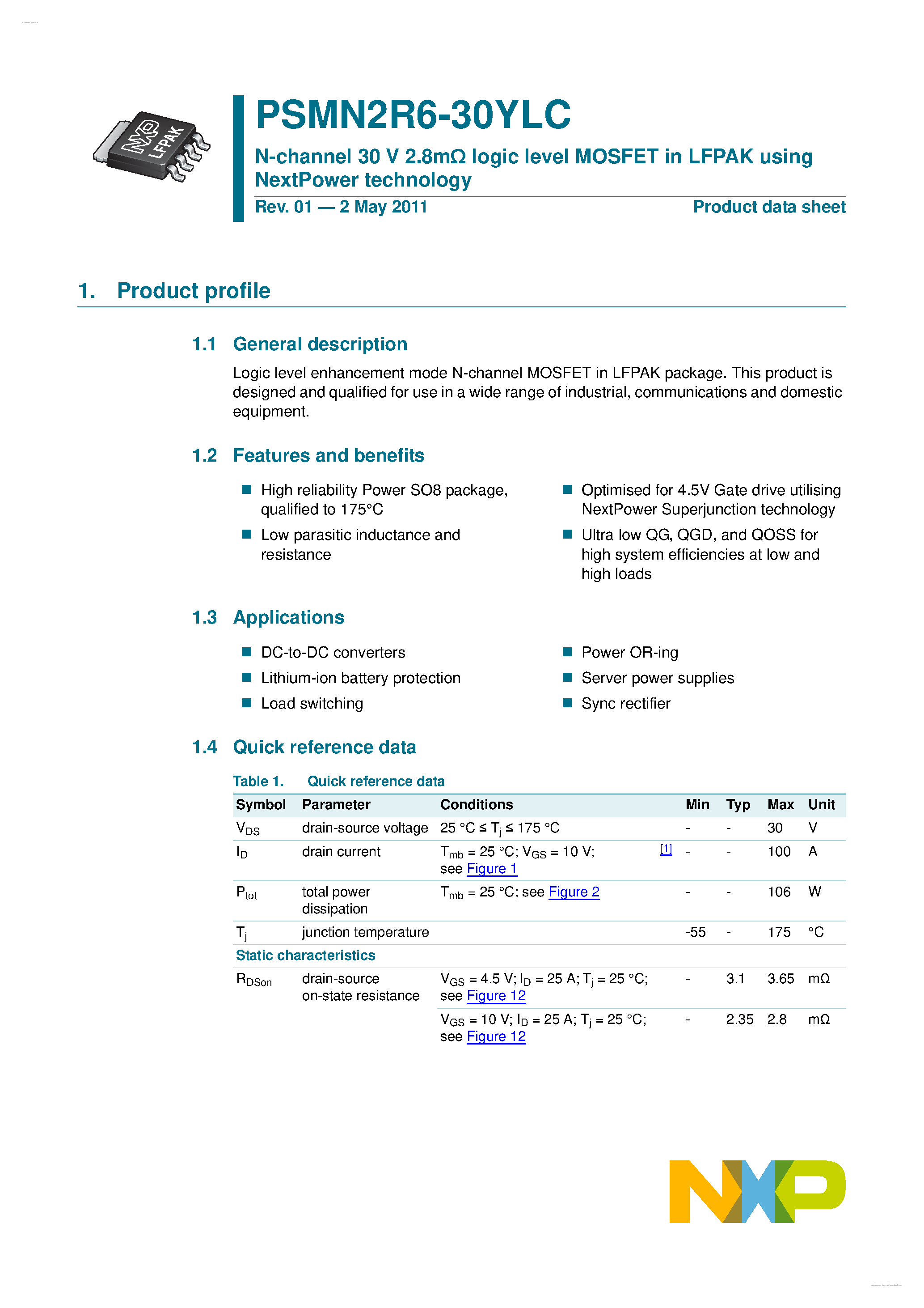 Datasheet PSMN2R6-30YLC - N-channel MOSFET page 1