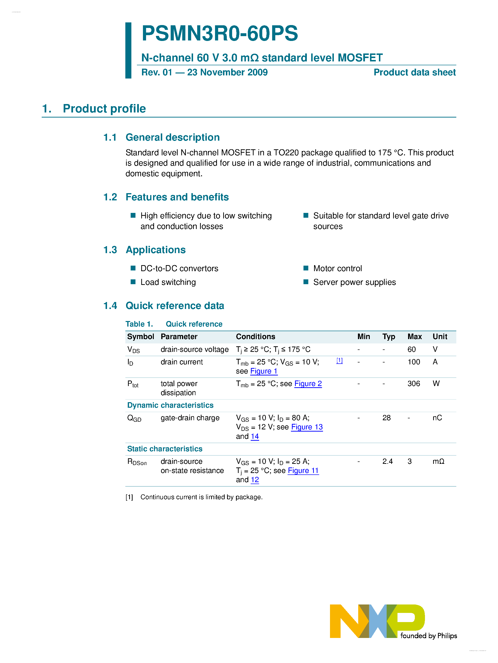 Datasheet PSMN3R0-60PS page 1 Datasheet PSMN3R0-60PS - N-channel MOSFET page 1
