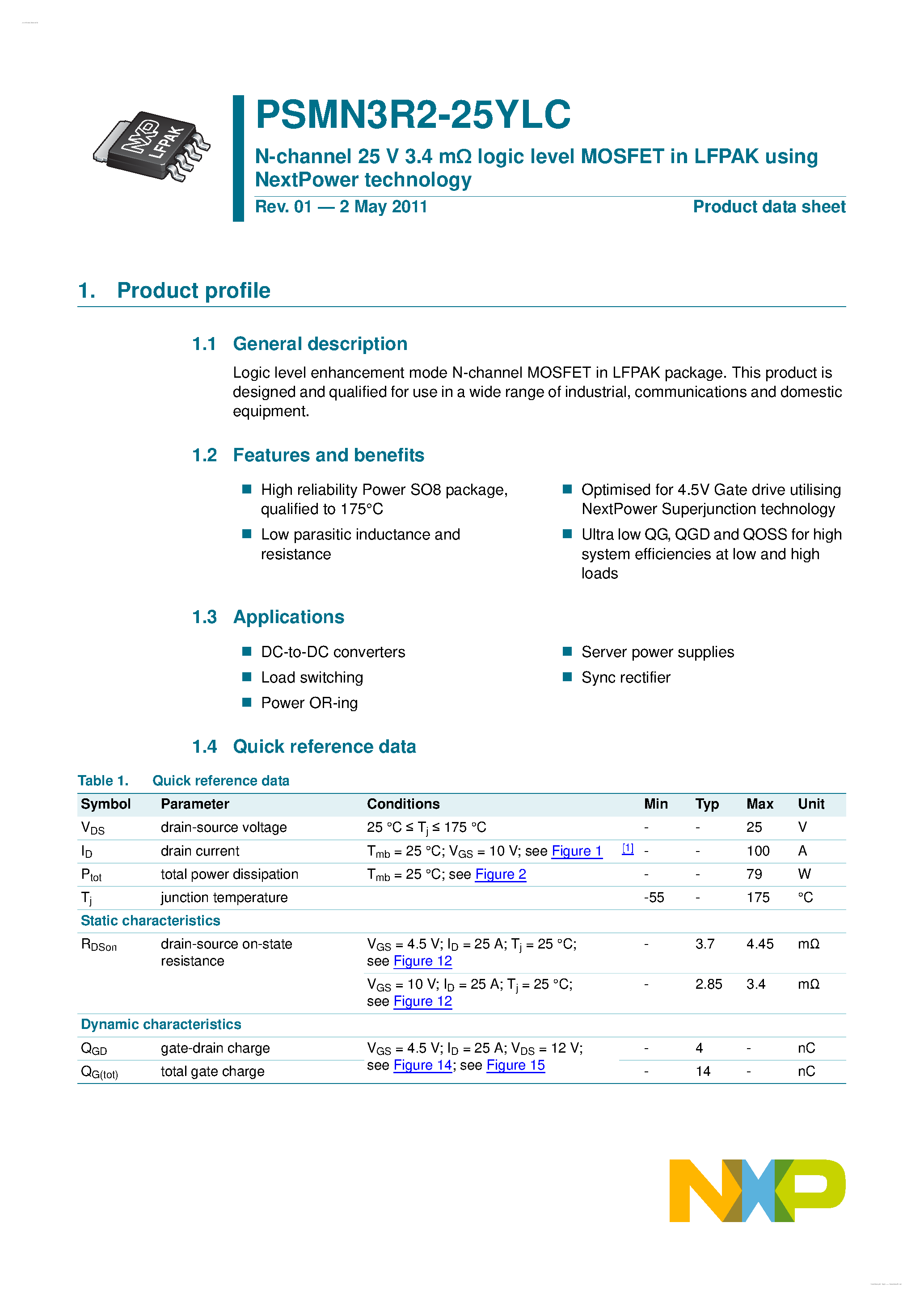 Datasheet PSMN3R2-25YLC - N-channel MOSFET page 1