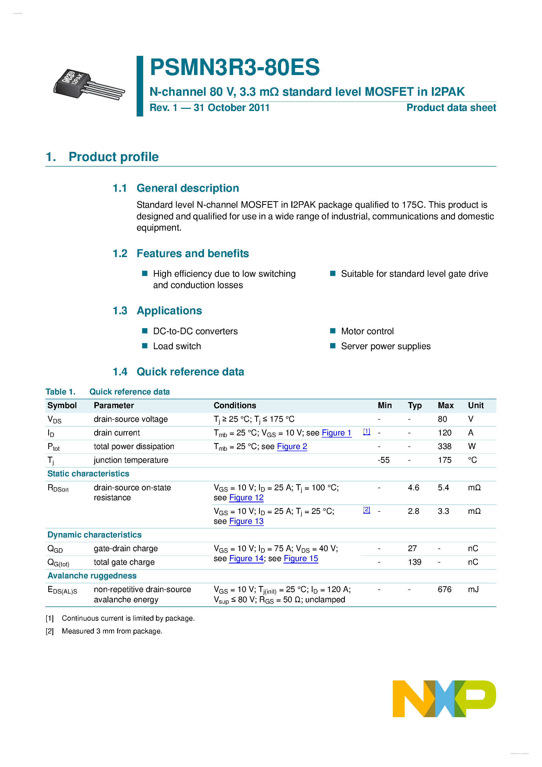 Datasheet PSMN3R3-80ES - N-channel MOSFET page 1