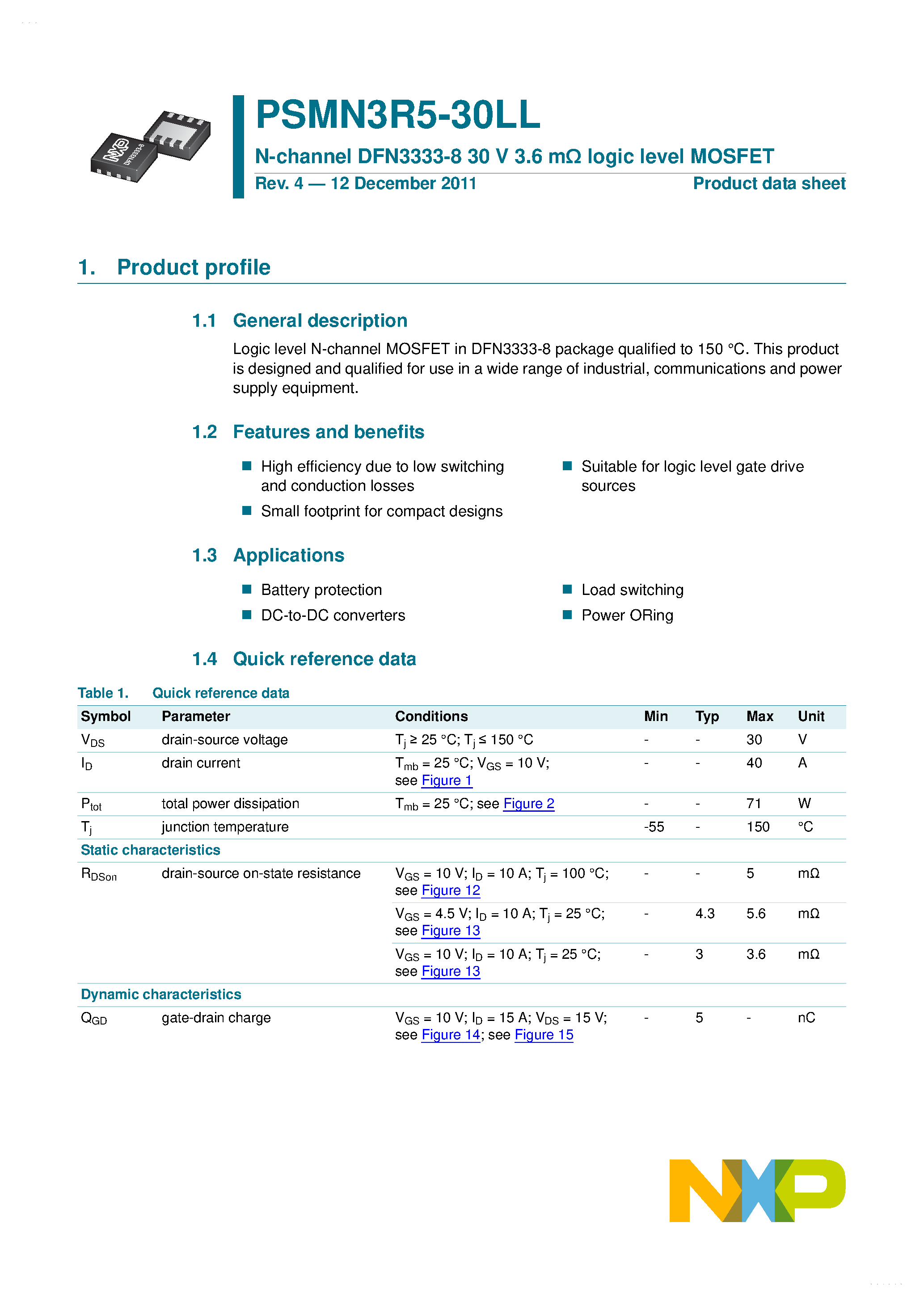 Datasheet PSMN3R5-30LL - N-channel MOSFET page 1