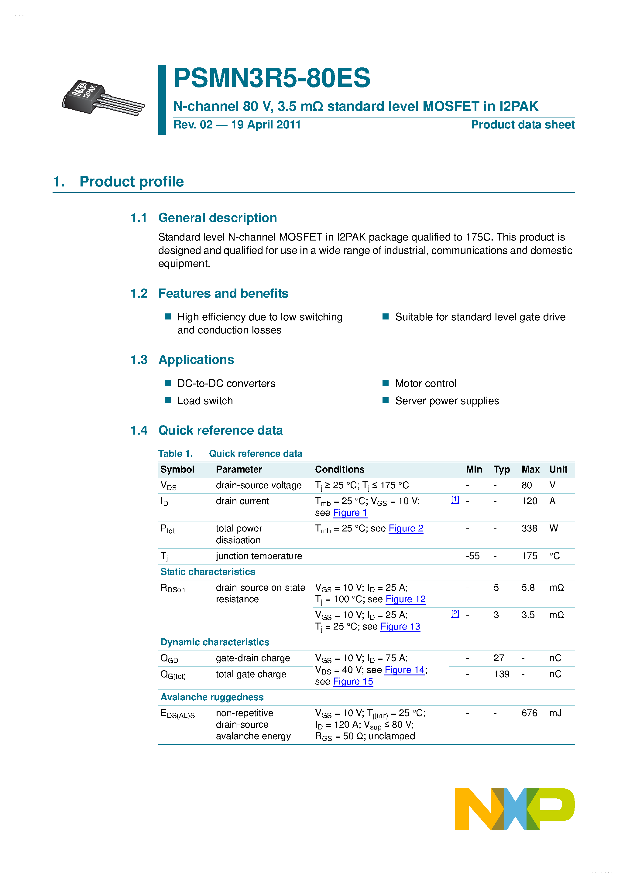 Datasheet PSMN3R5-80ES - N-channel MOSFET page 1