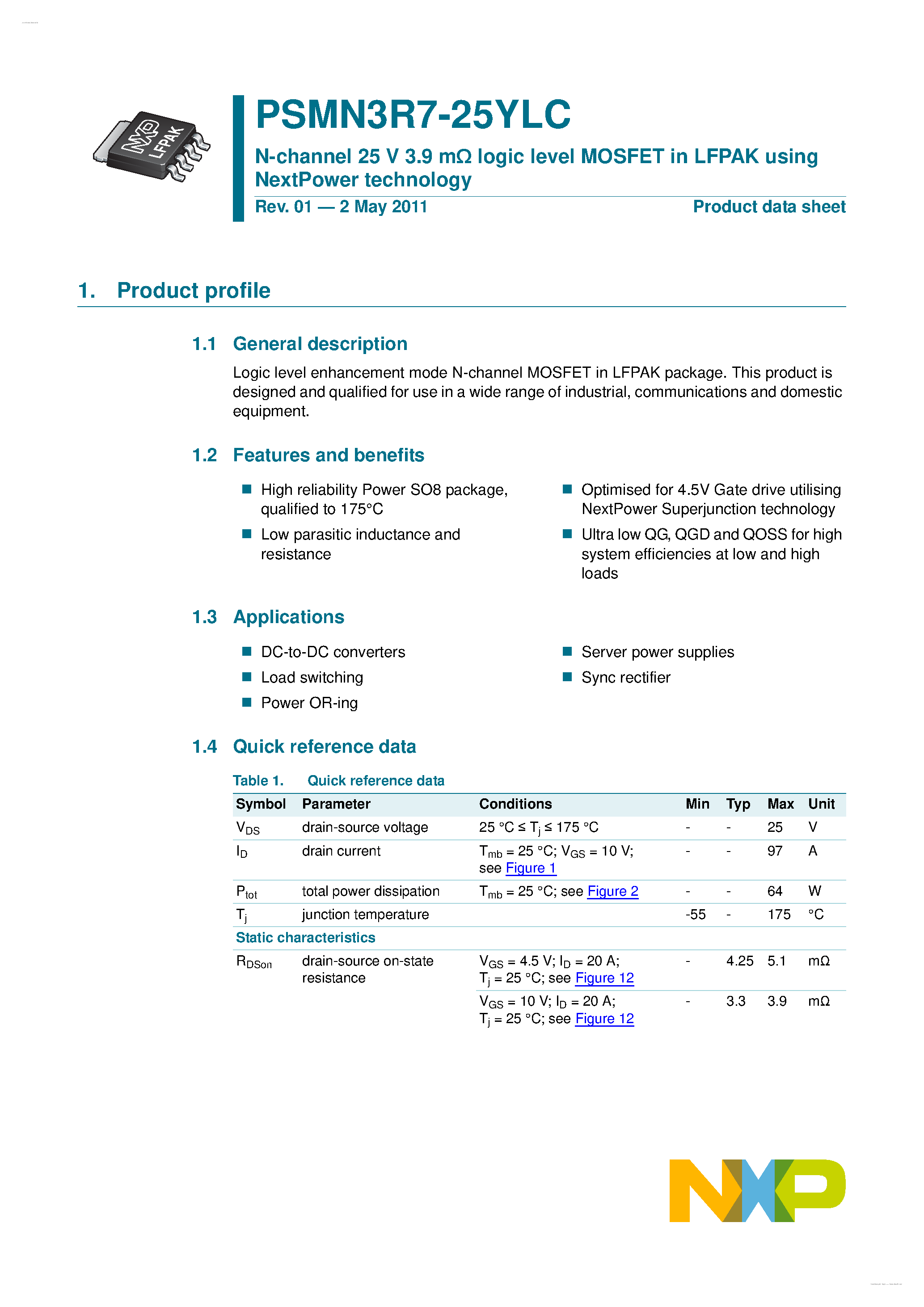 Datasheet PSMN3R7-25YLC page 1 Datasheet PSMN3R7-25YLC - N-channel MOSFET page 1