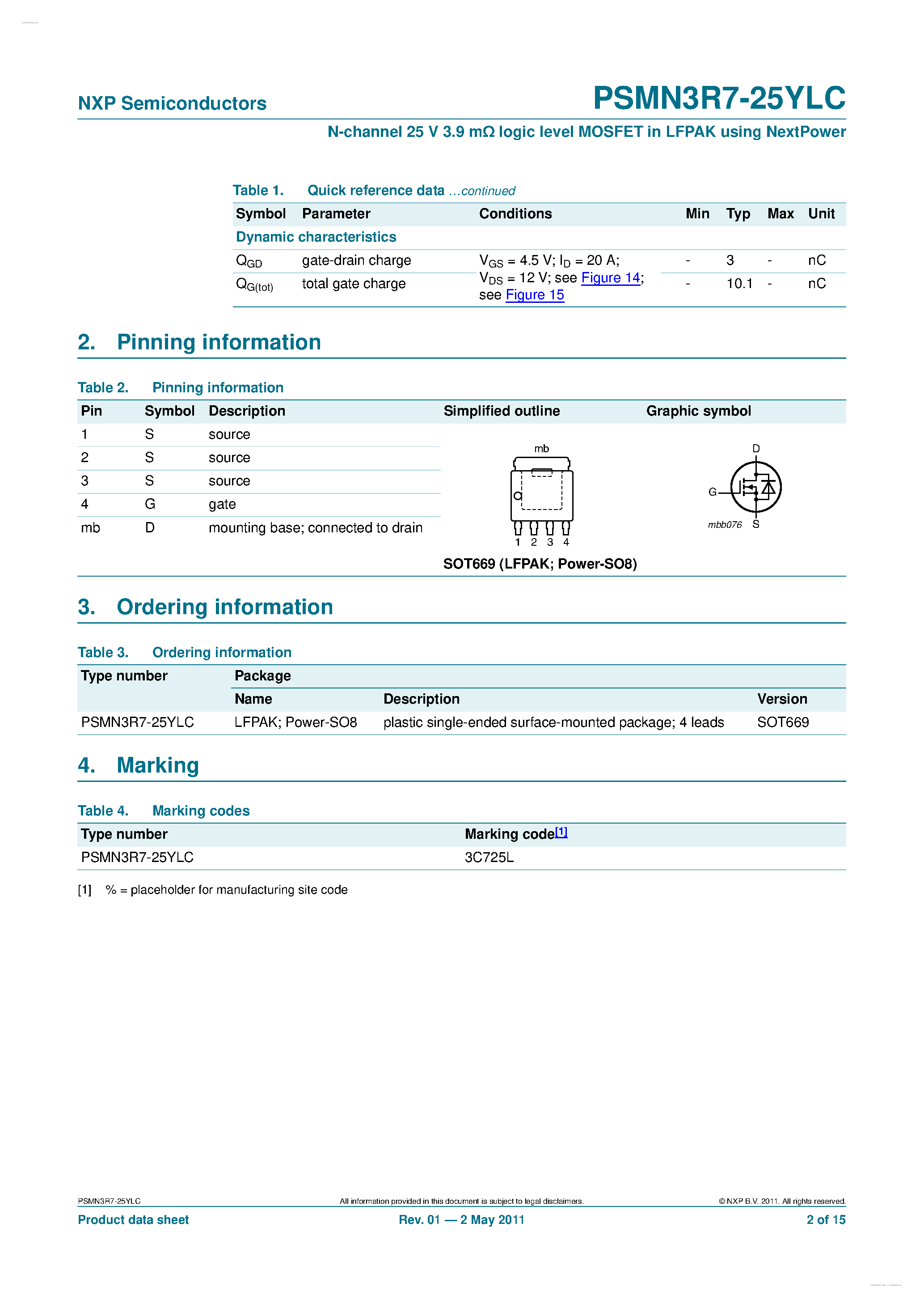 Datasheet PSMN3R7-25YLC page 2 Datasheet PSMN3R7-25YLC - N-channel MOSFET page 2