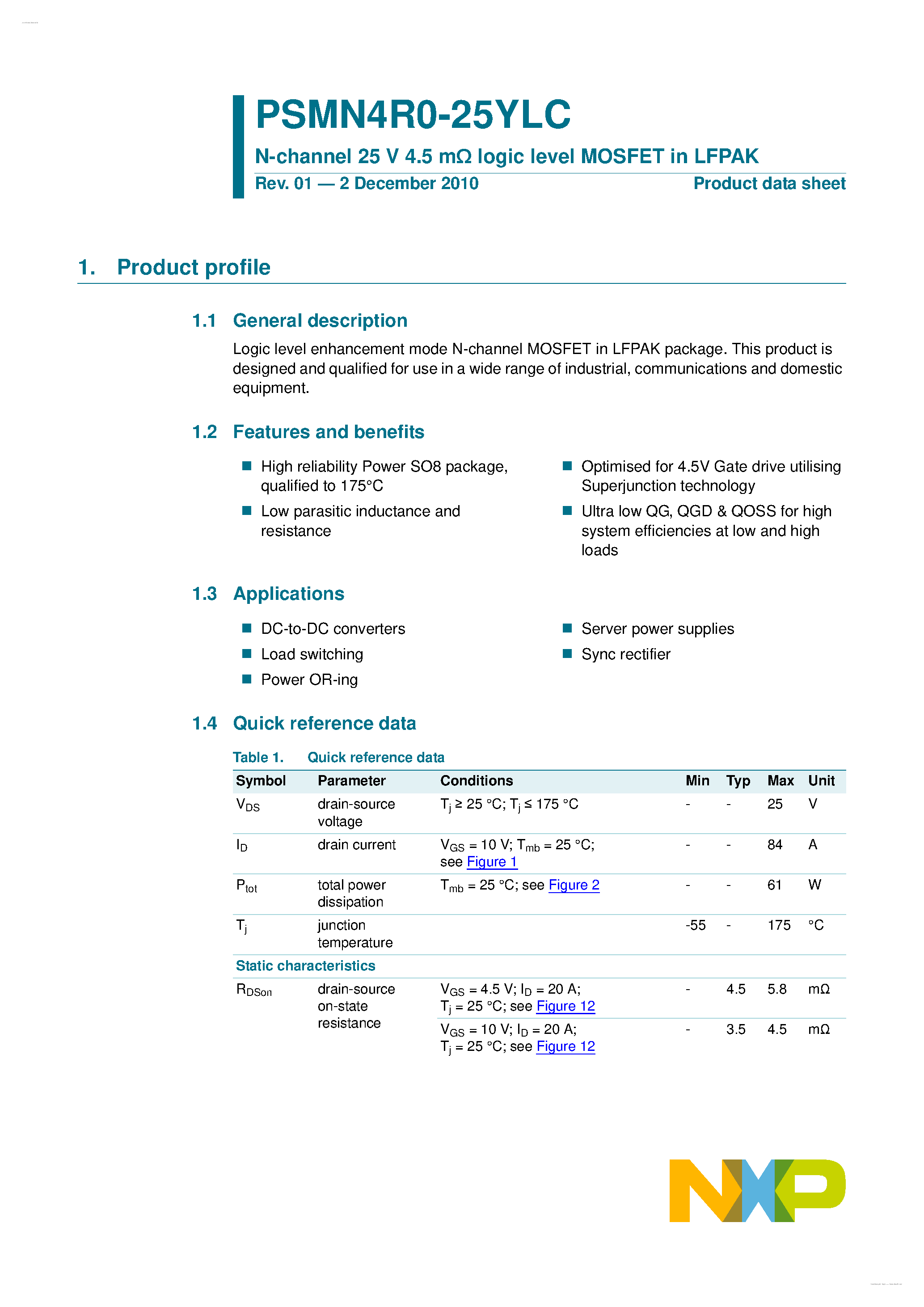 Datasheet PSMN4R0-25YLC page 1 Datasheet PSMN4R0-25YLC - N-channel MOSFET page 1