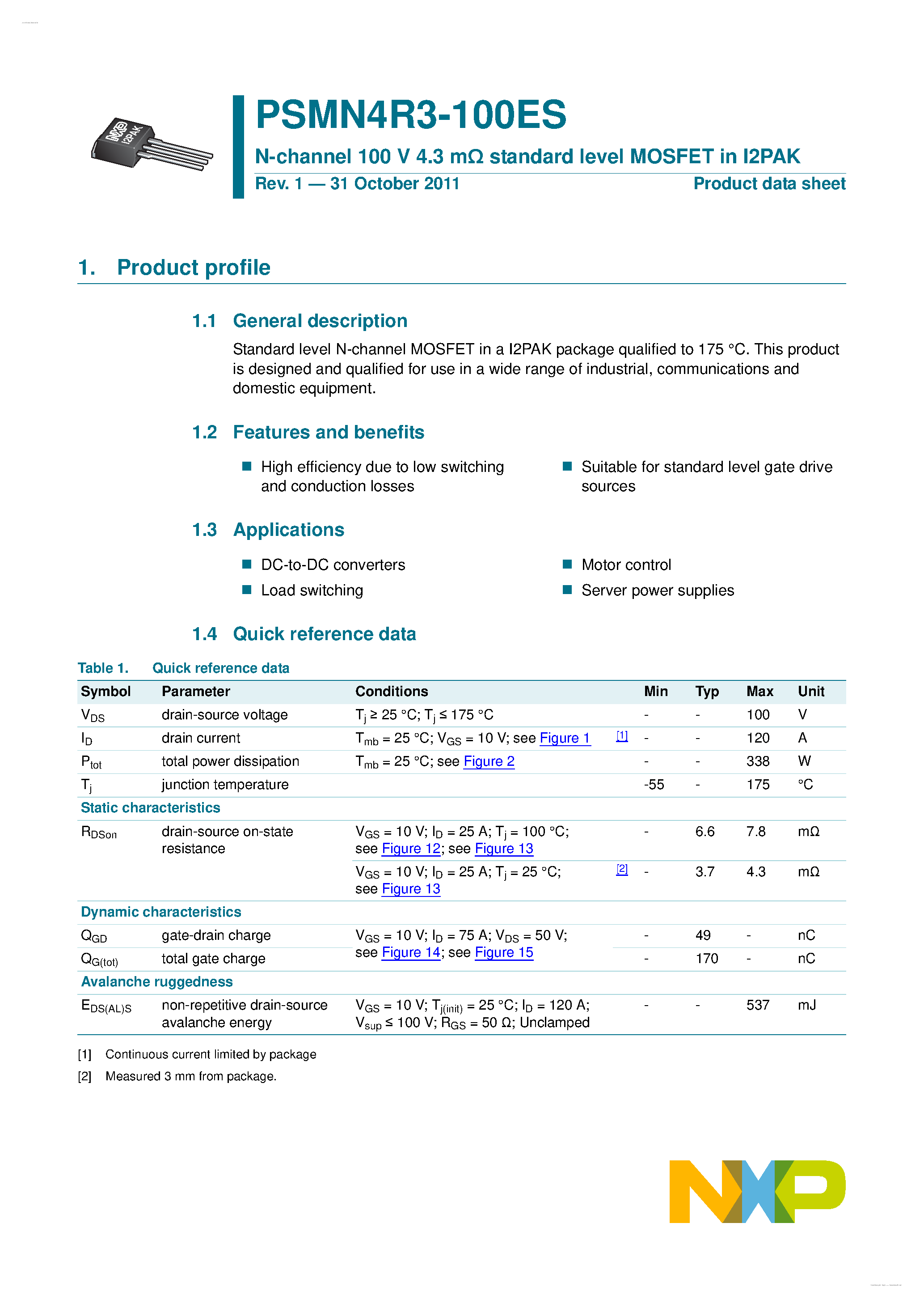 Datasheet PSMN4R3-100ES - N-channel MOSFET page 1