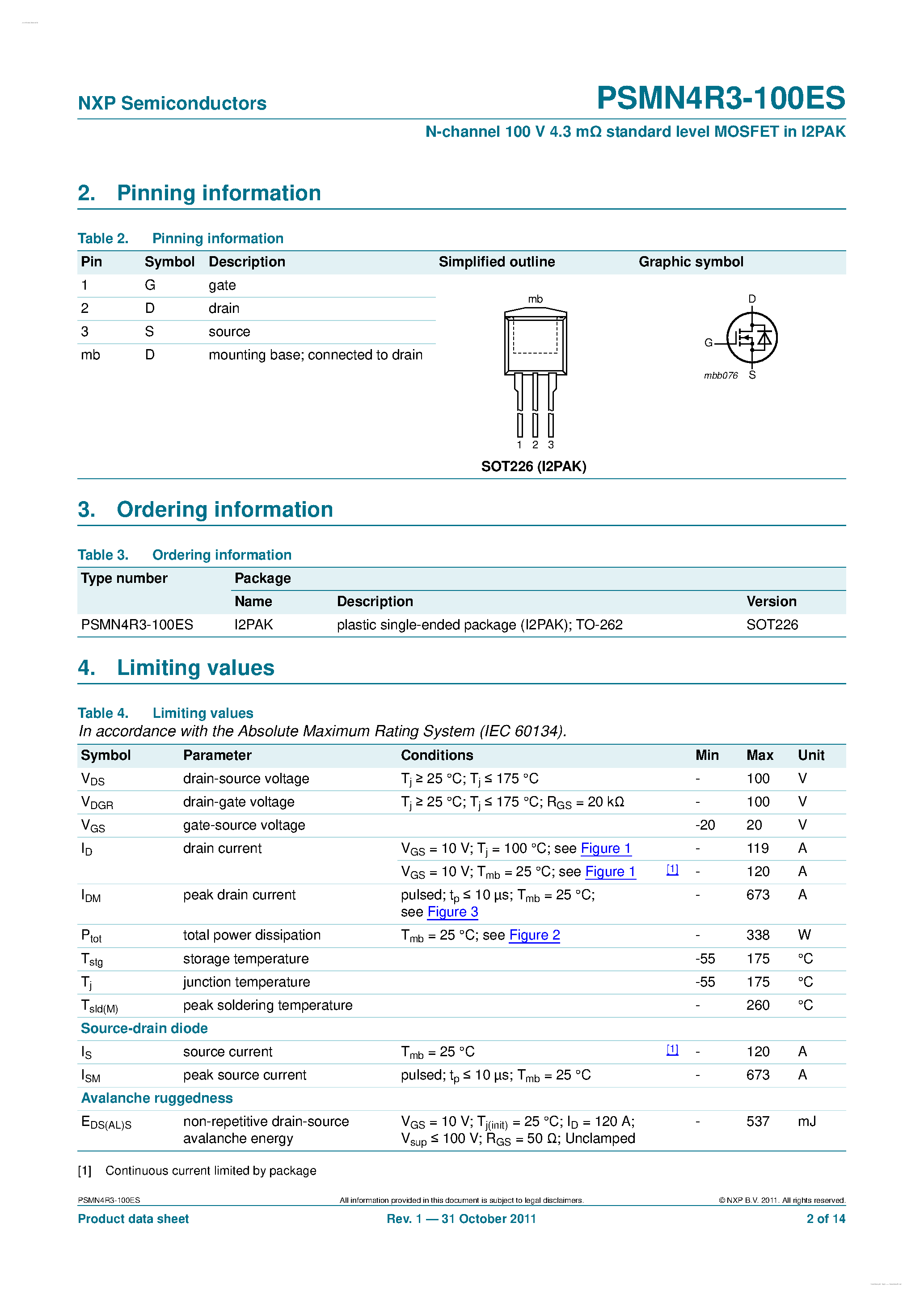Datasheet PSMN4R3-100ES - N-channel MOSFET page 2