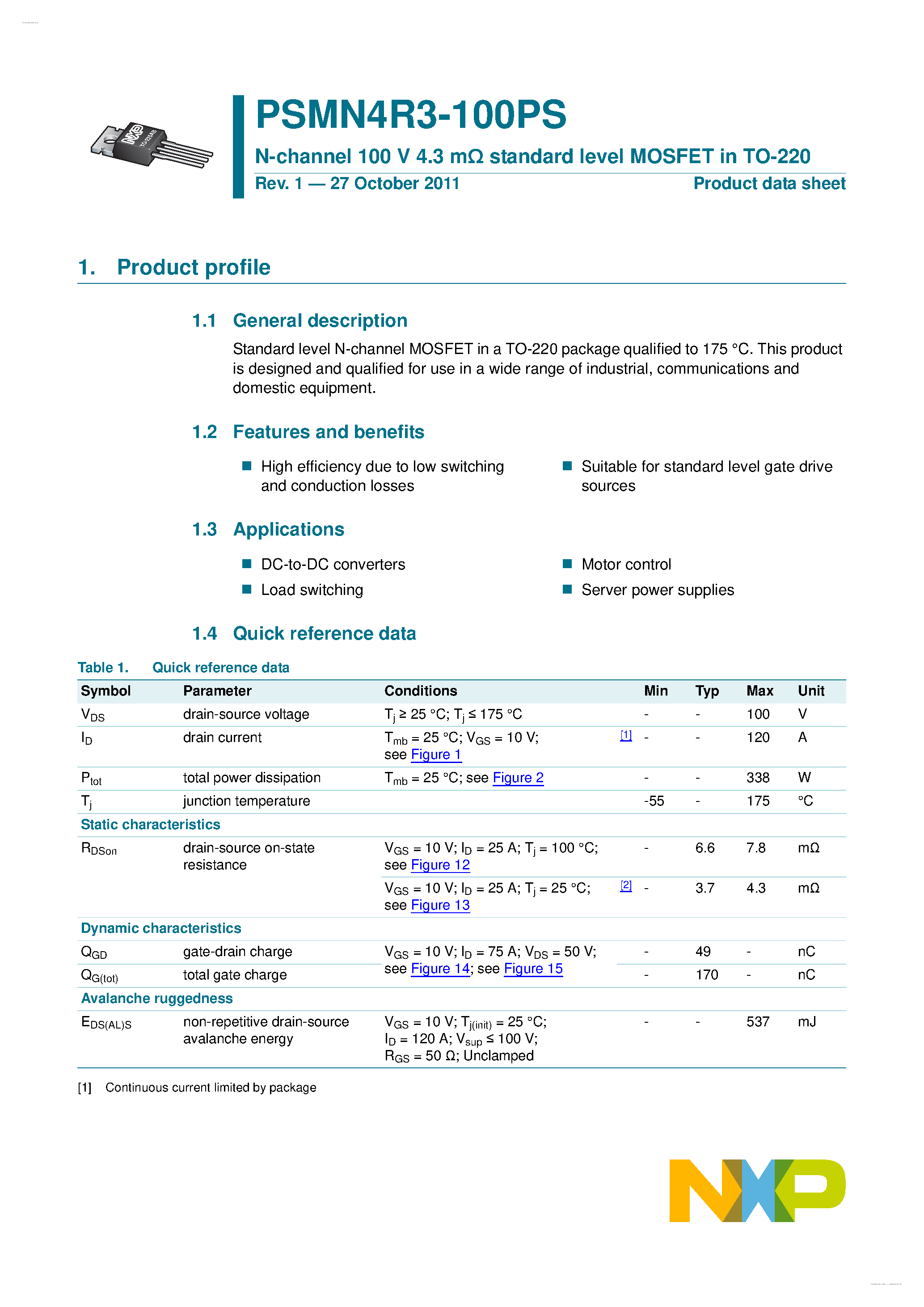 Datasheet PSMN4R3-100PS page 1 Datasheet PSMN4R3-100PS - N-channel MOSFET page 1