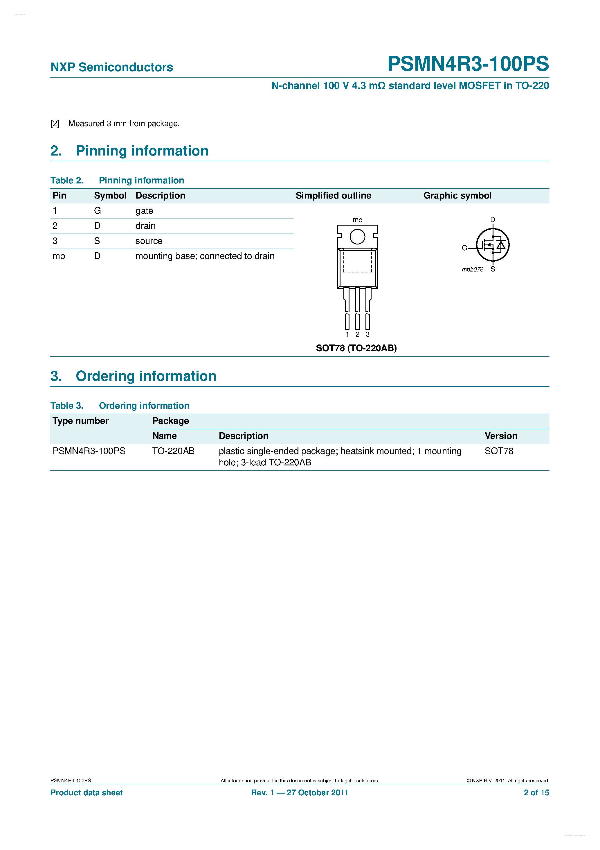 Datasheet PSMN4R3-100PS page 2 Datasheet PSMN4R3-100PS - N-channel MOSFET page 2