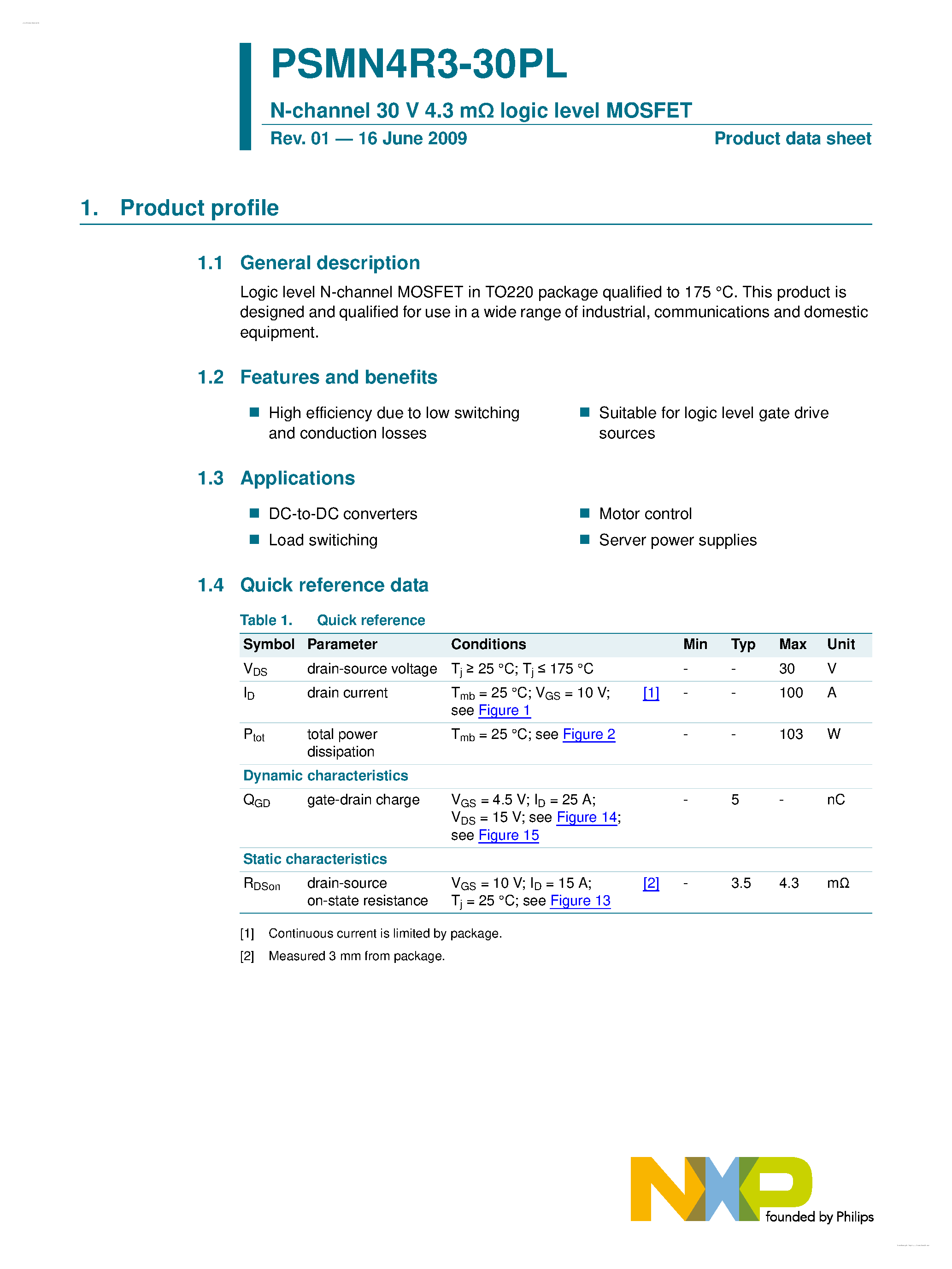 Datasheet PSMN4R3-30PL - N-channel MOSFET page 1