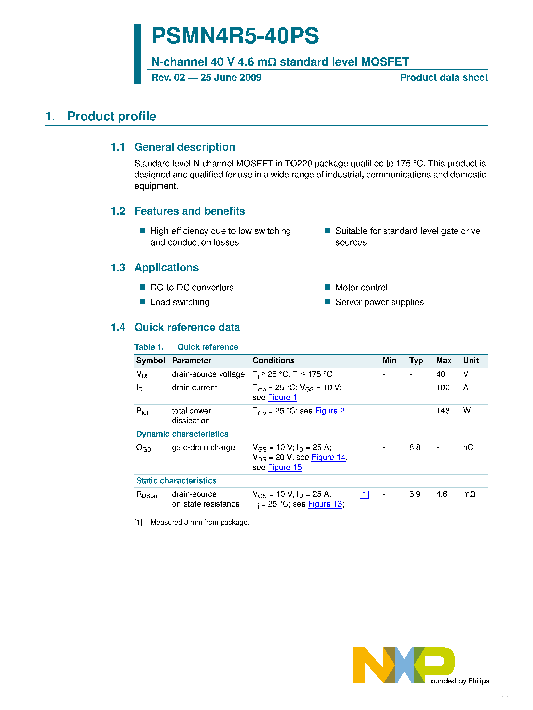 Datasheet PSMN4R5-40PS page 1 Datasheet PSMN4R5-40PS - N-channel MOSFET page 1