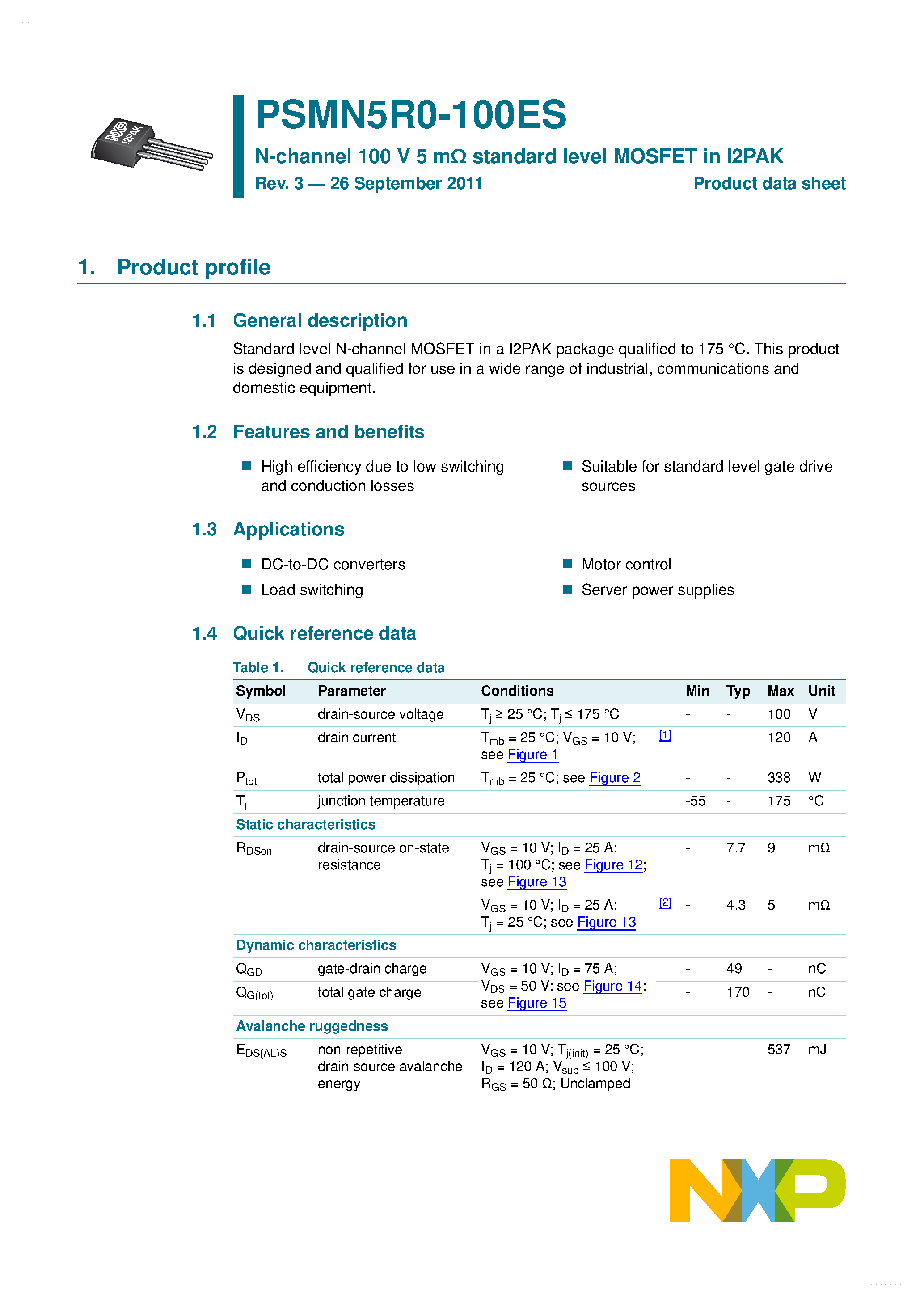 Datasheet PSMN5R0-100ES - N-channel MOSFET page 1
