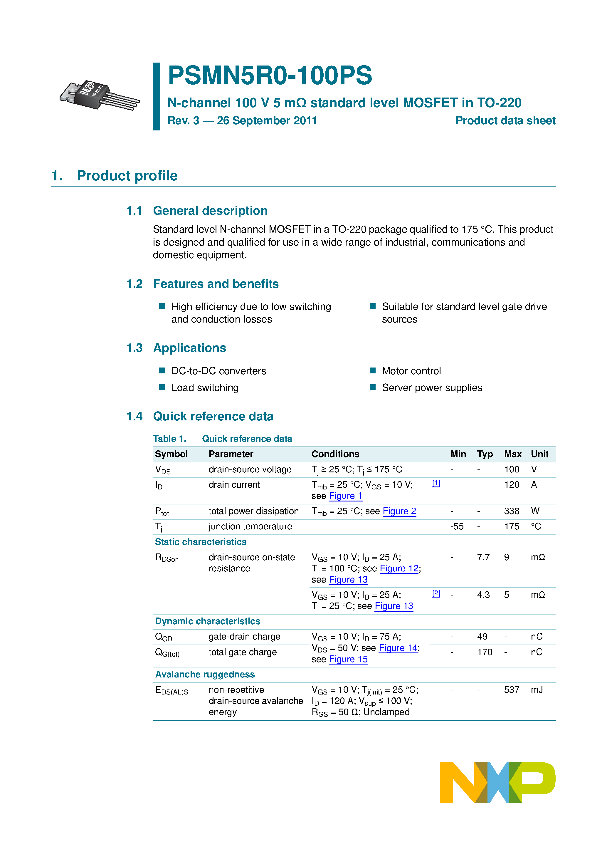 Datasheet PSMN5R0-100PS page 1 Datasheet PSMN5R0-100PS - N-channel MOSFET page 1
