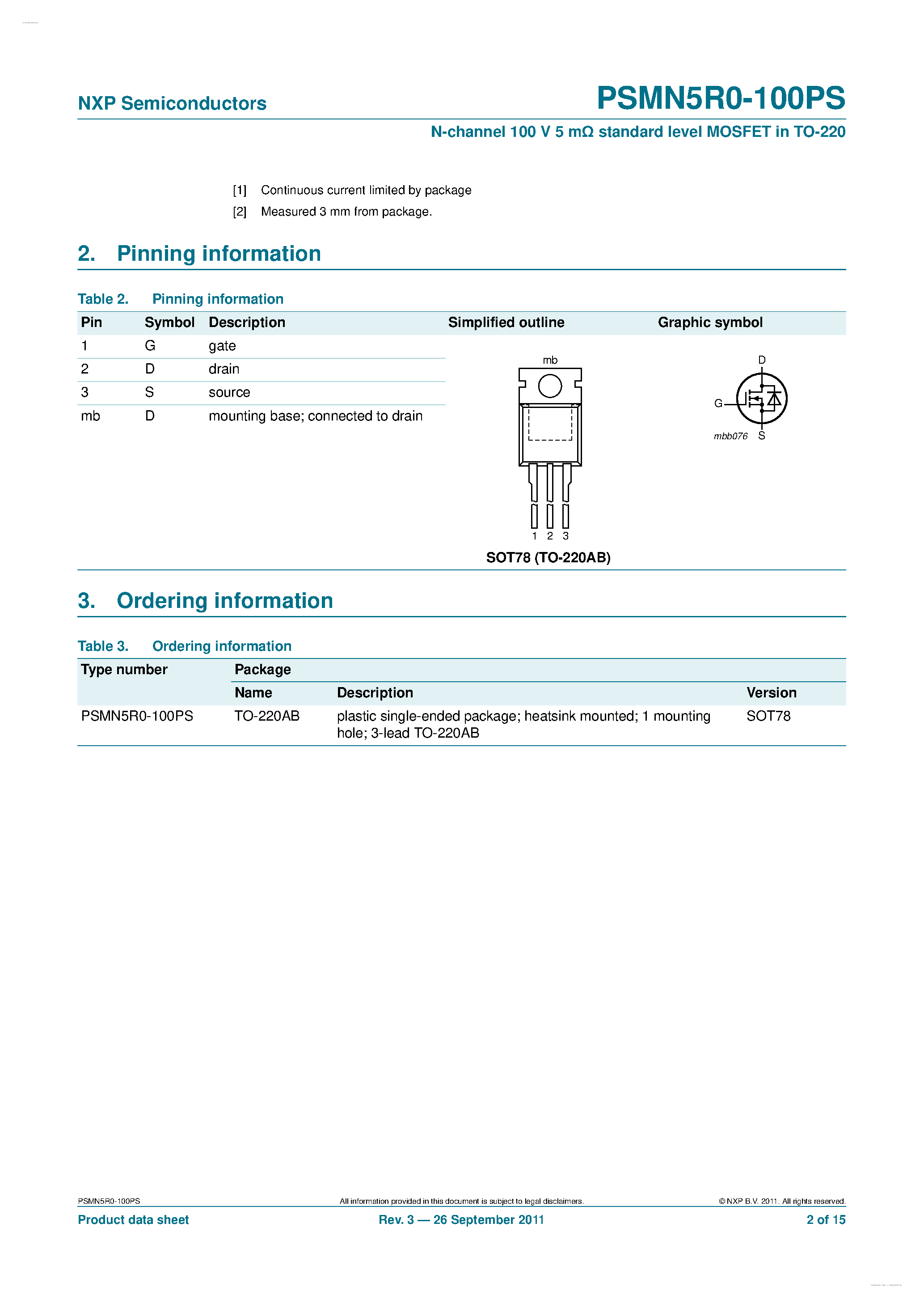 Datasheet PSMN5R0-100PS page 2 Datasheet PSMN5R0-100PS - N-channel MOSFET page 2