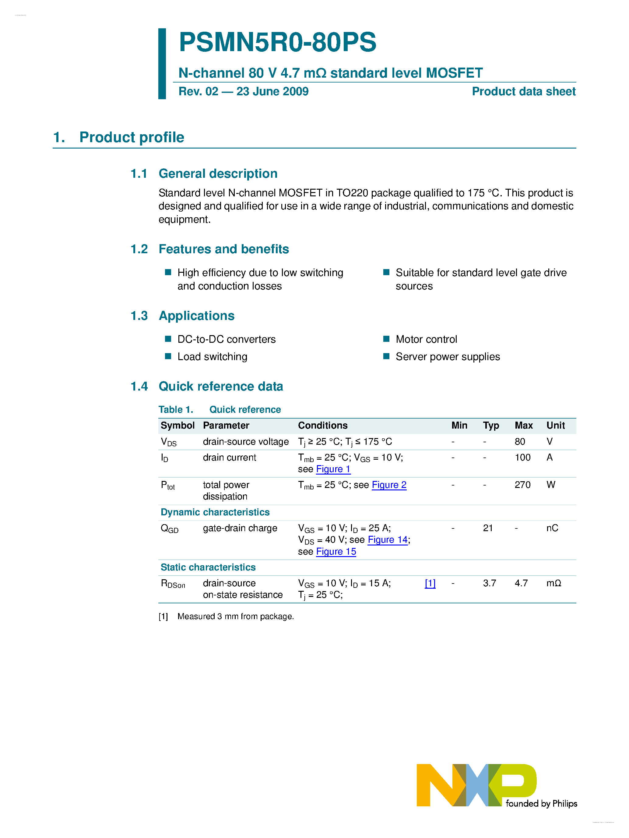 Datasheet PSMN5R0-80PS page 1 Datasheet PSMN5R0-80PS - N-channel MOSFET page 1