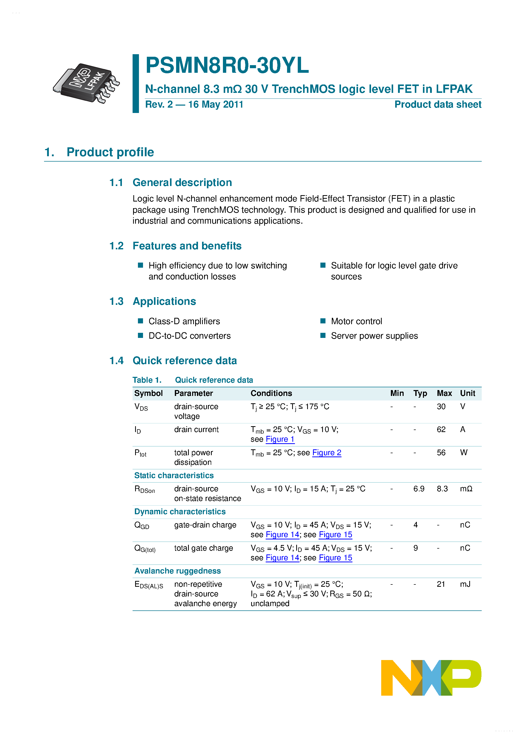Datasheet PSMN8R0-30YL - N-channel MOSFET page 1