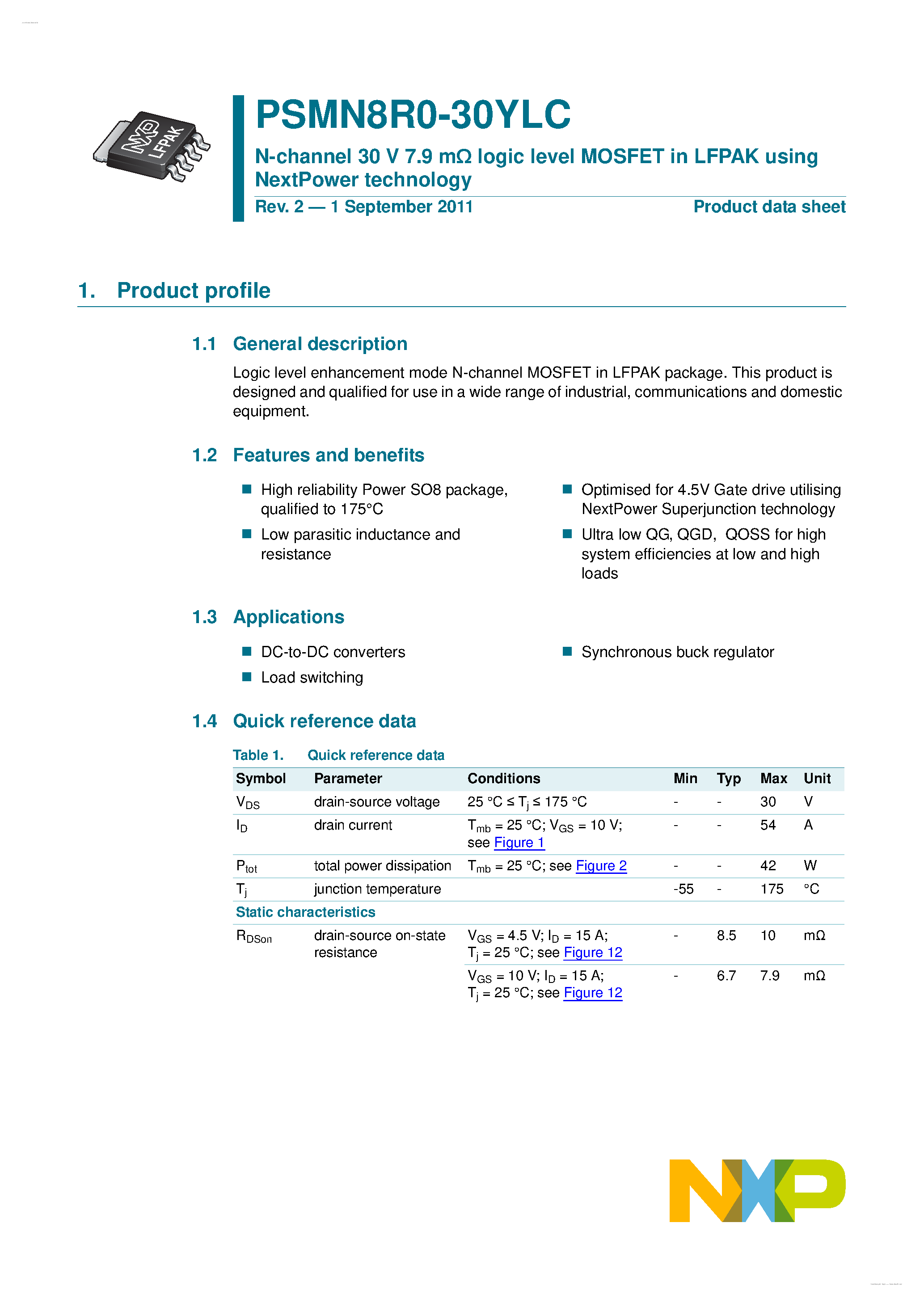 Datasheet PSMN8R0-30YLC page 1 Datasheet PSMN8R0-30YLC - N-channel MOSFET page 1