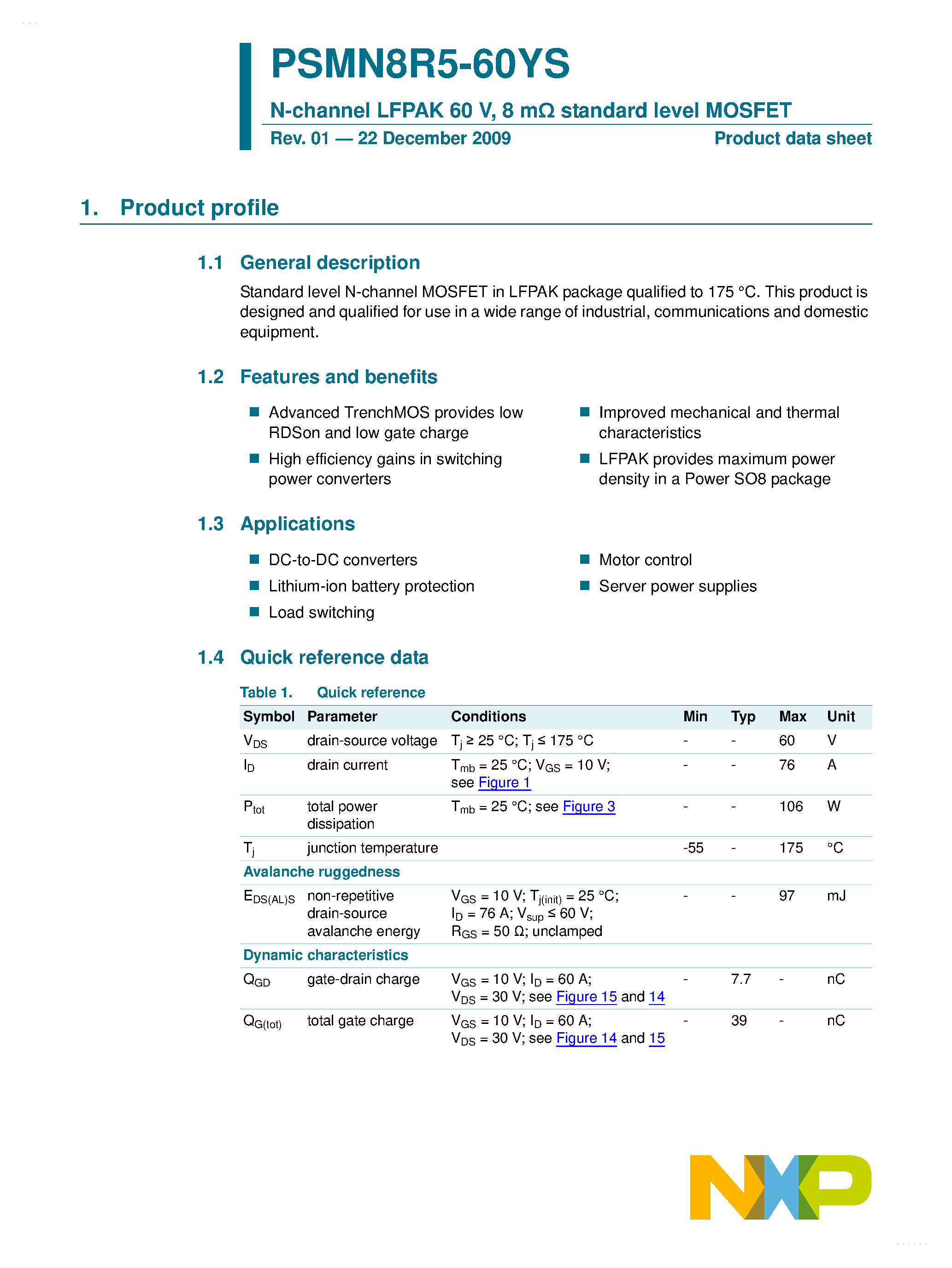 Datasheet PSMN8R5-60YS - N-channel MOSFET page 1