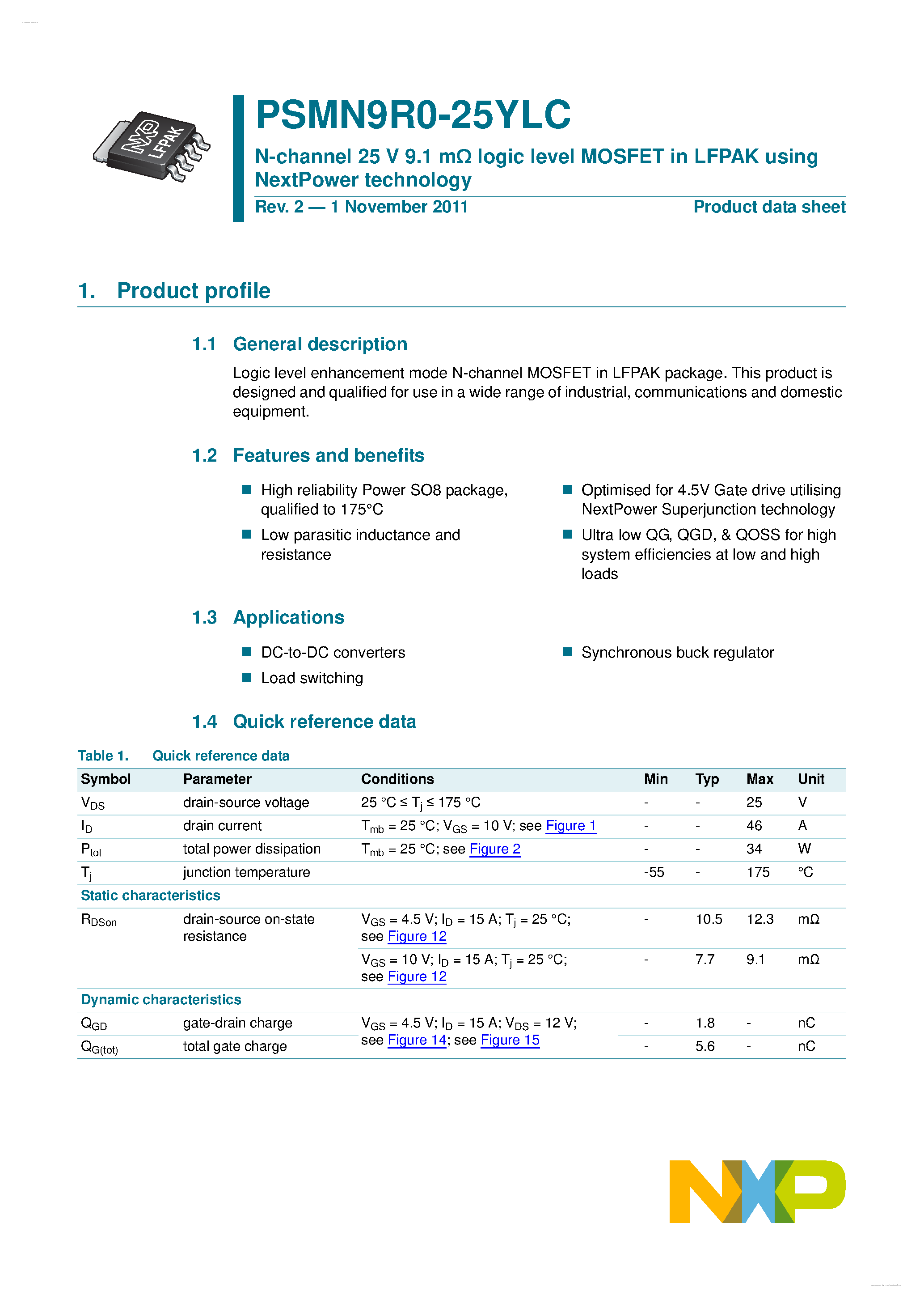 Datasheet PSMN9R0-25YLC page 1 Datasheet PSMN9R0-25YLC - N-channel MOSFET page 1