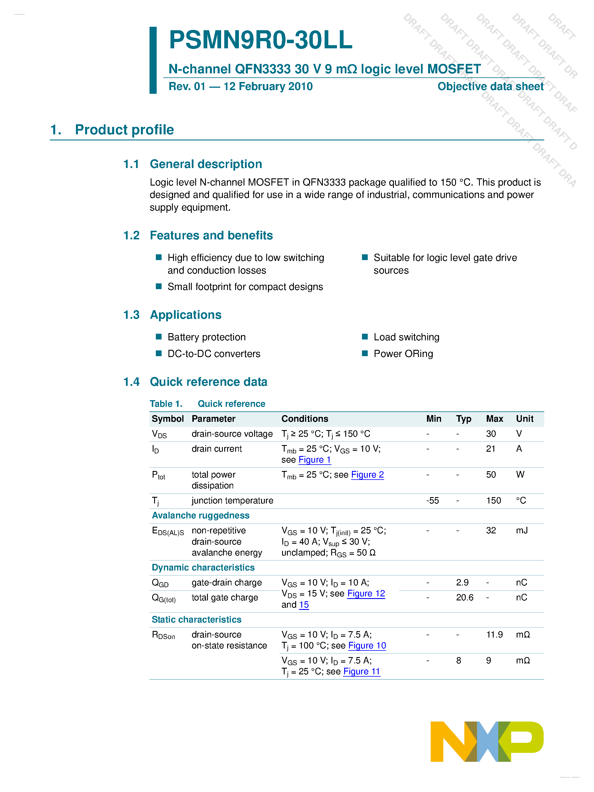 Datasheet PSMN9R0-30LL - N-channel MOSFET page 1
