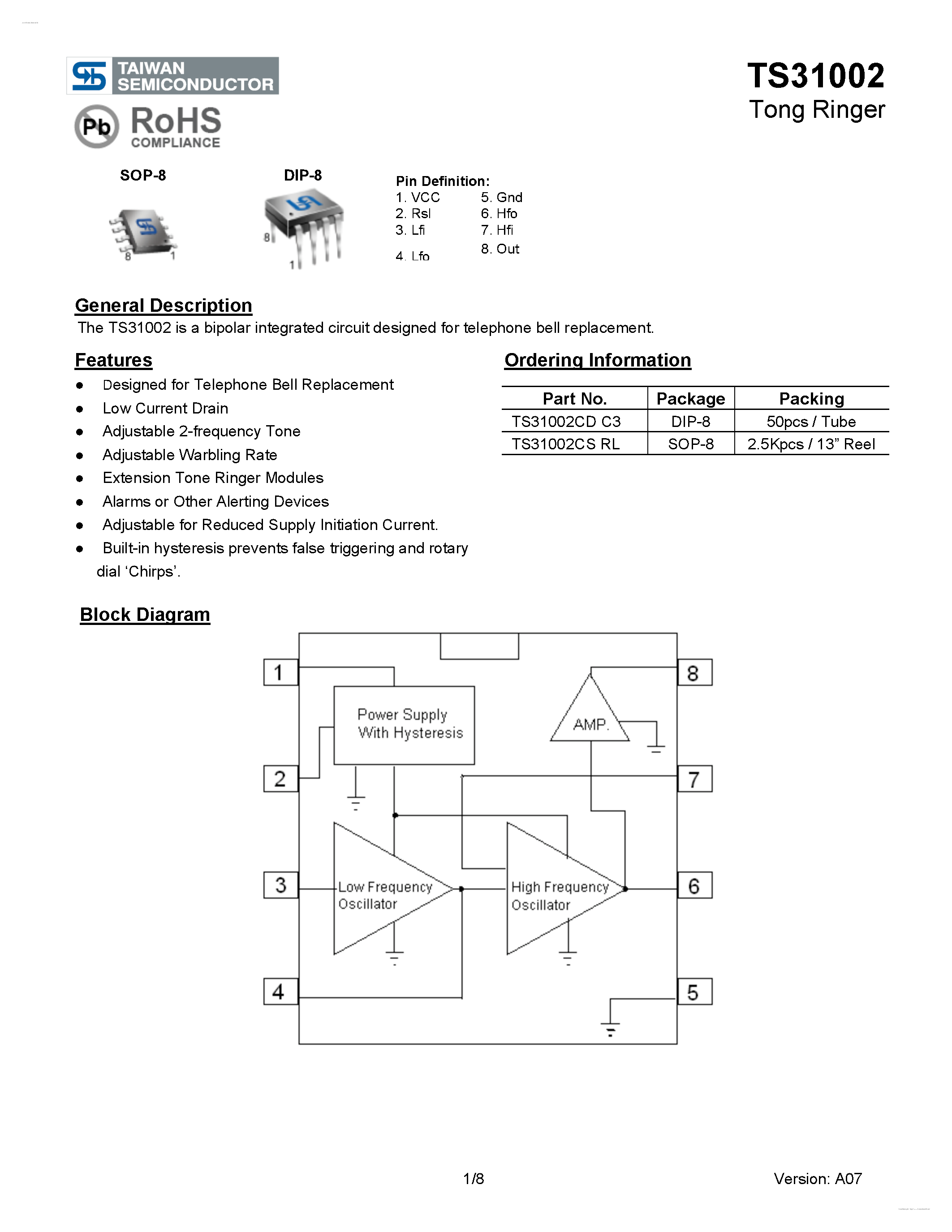 Даташит на микросхему TS31002 страница 1 Даташит TS31002 - Tong Ringer страница 1