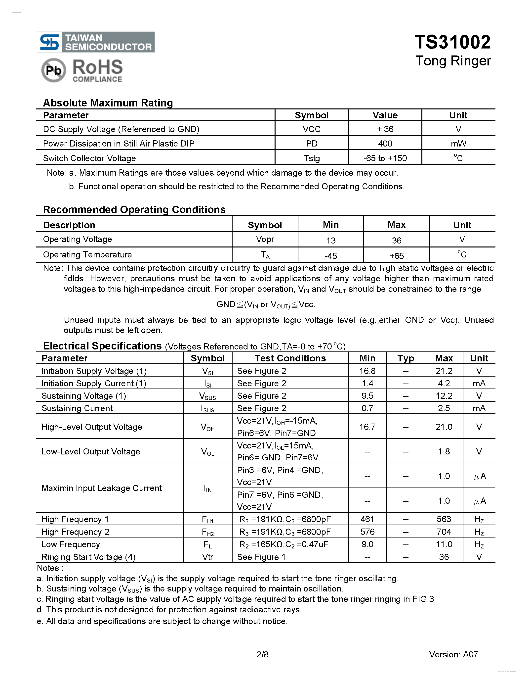 Datasheet TS31002 - Tong Ringer page 2