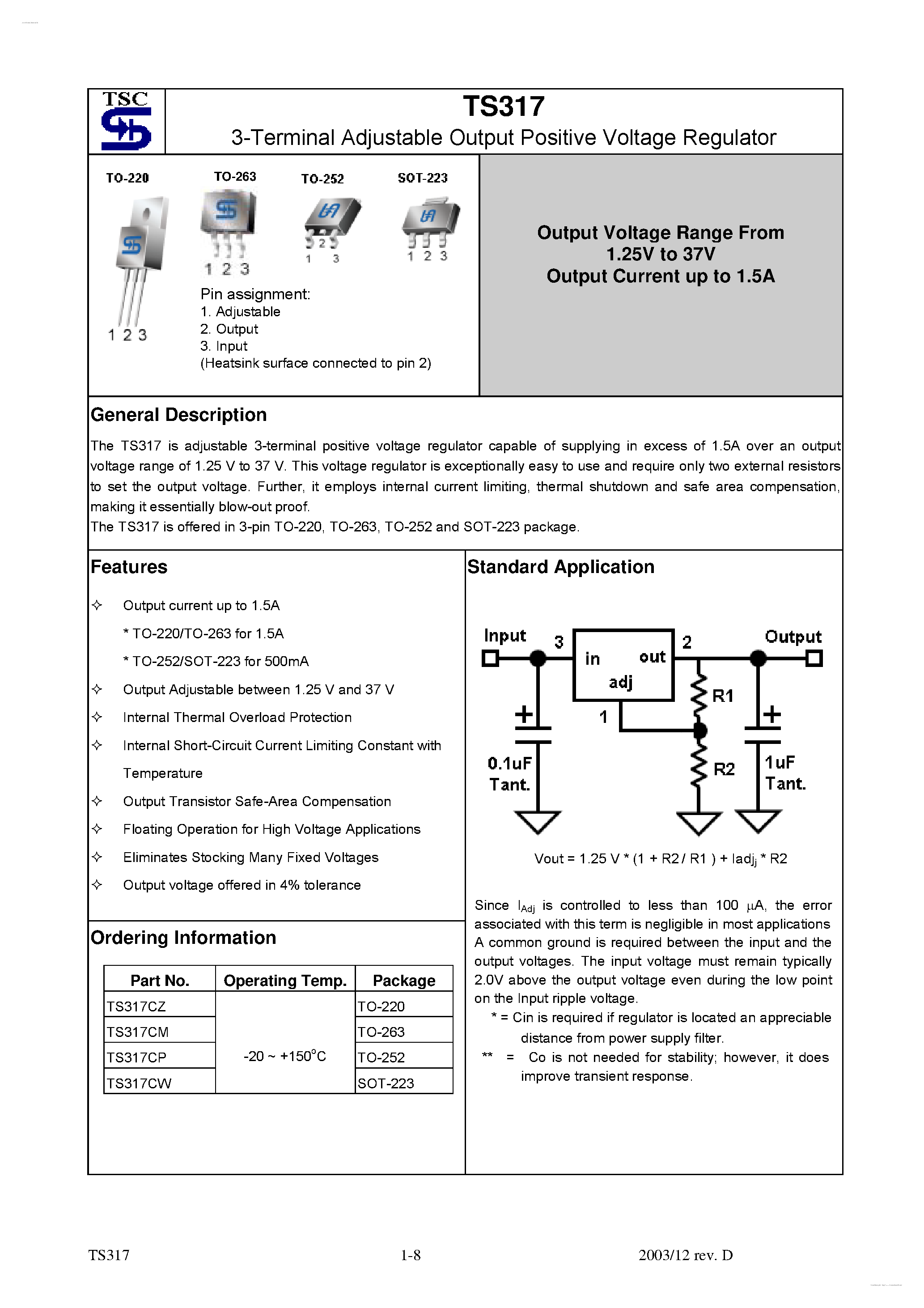 Даташит TS317 - 3-Terminal Adjustable Output Positive Voltage Regulator страница 1