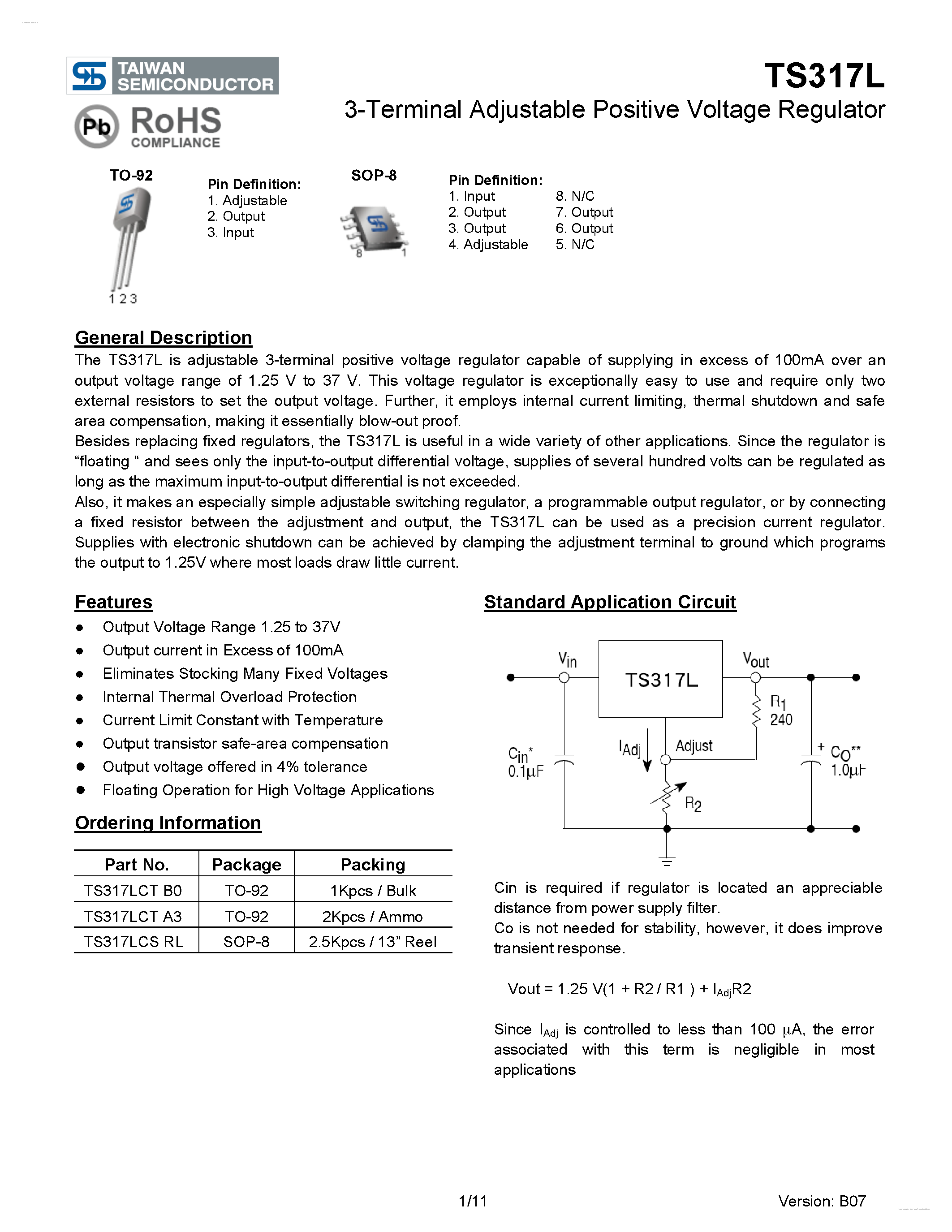 Datasheet TS317L page 1 Datasheet TS317L - 3-Terminal Adjustable Positive Voltage Regulator page 1