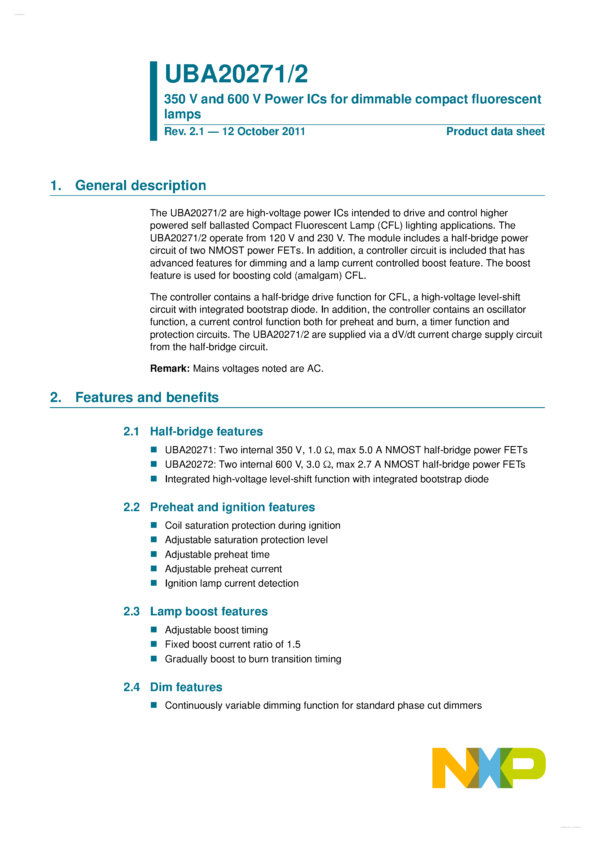Datasheet UBA20271 - (UBA20271 / UBA20272) 350 V and 600 V Power ICs page 1