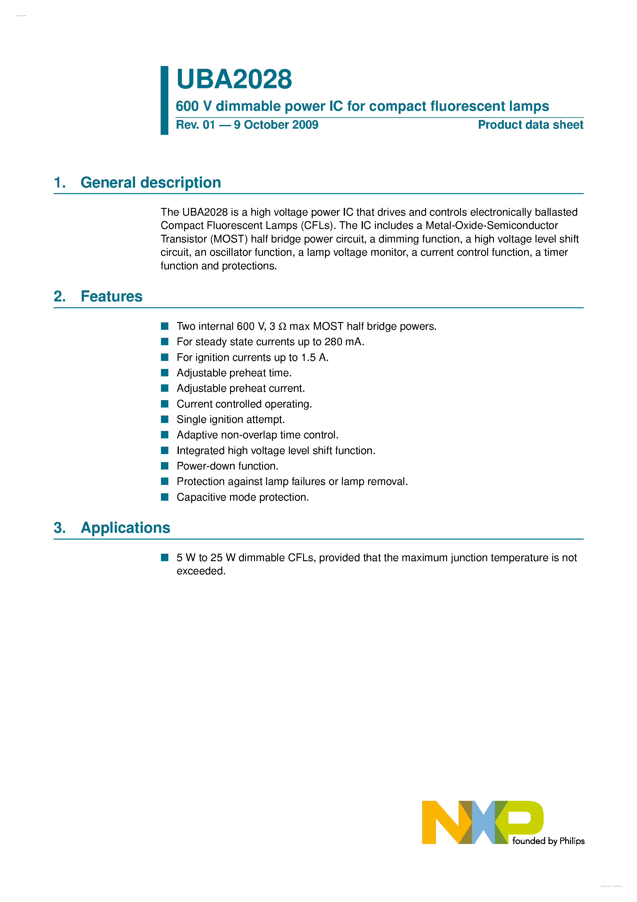 Даташит UBA2028 - 600 V dimmable power IC страница 1