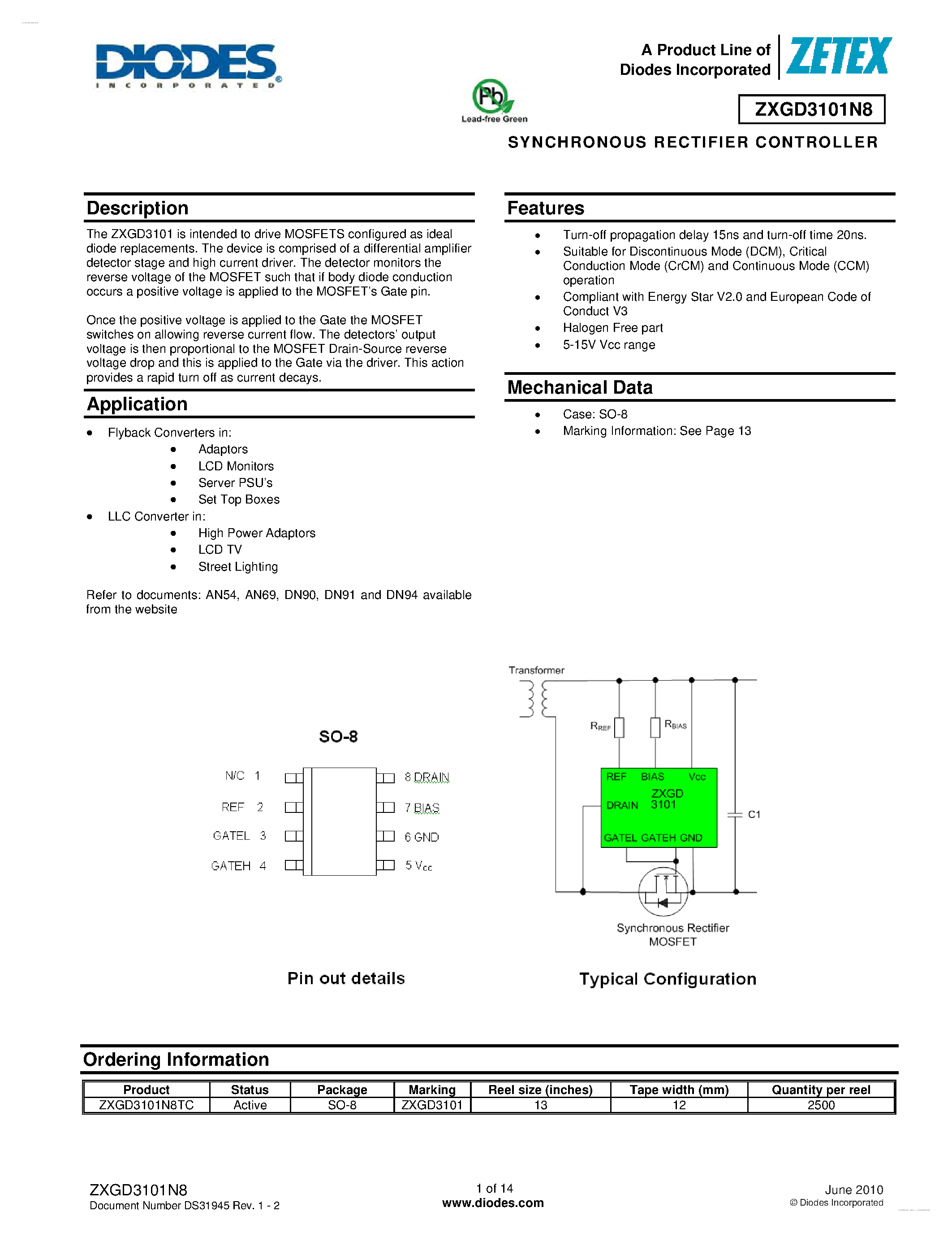 Datasheet ZXGD3101N8 - SYNCHRONOUS RECTIFIER CONTROLLER page 1